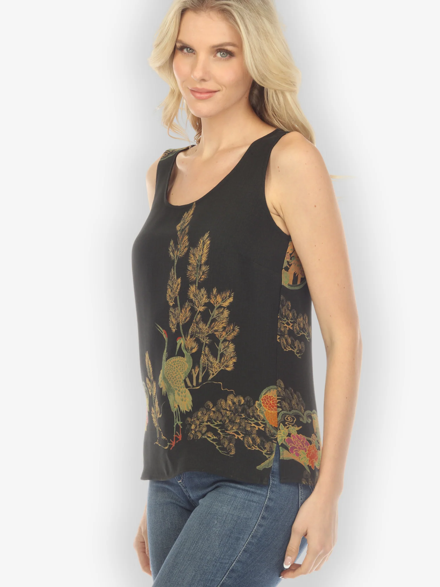 Antique Crane Silk Tank Top