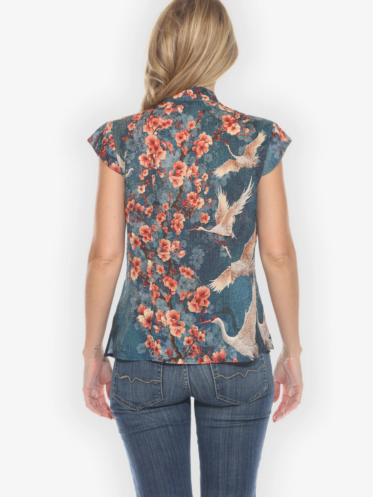 Sakura and Crane Cap Sleeve Silk Blouse