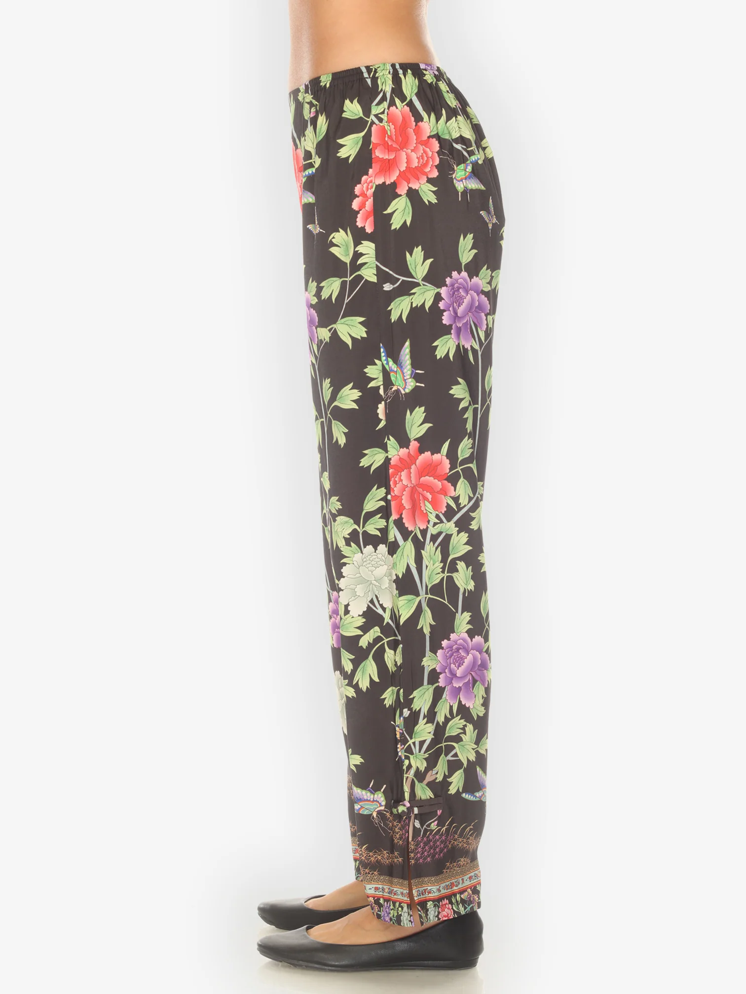 Border Floral Butterflies in Black Pull on Pant