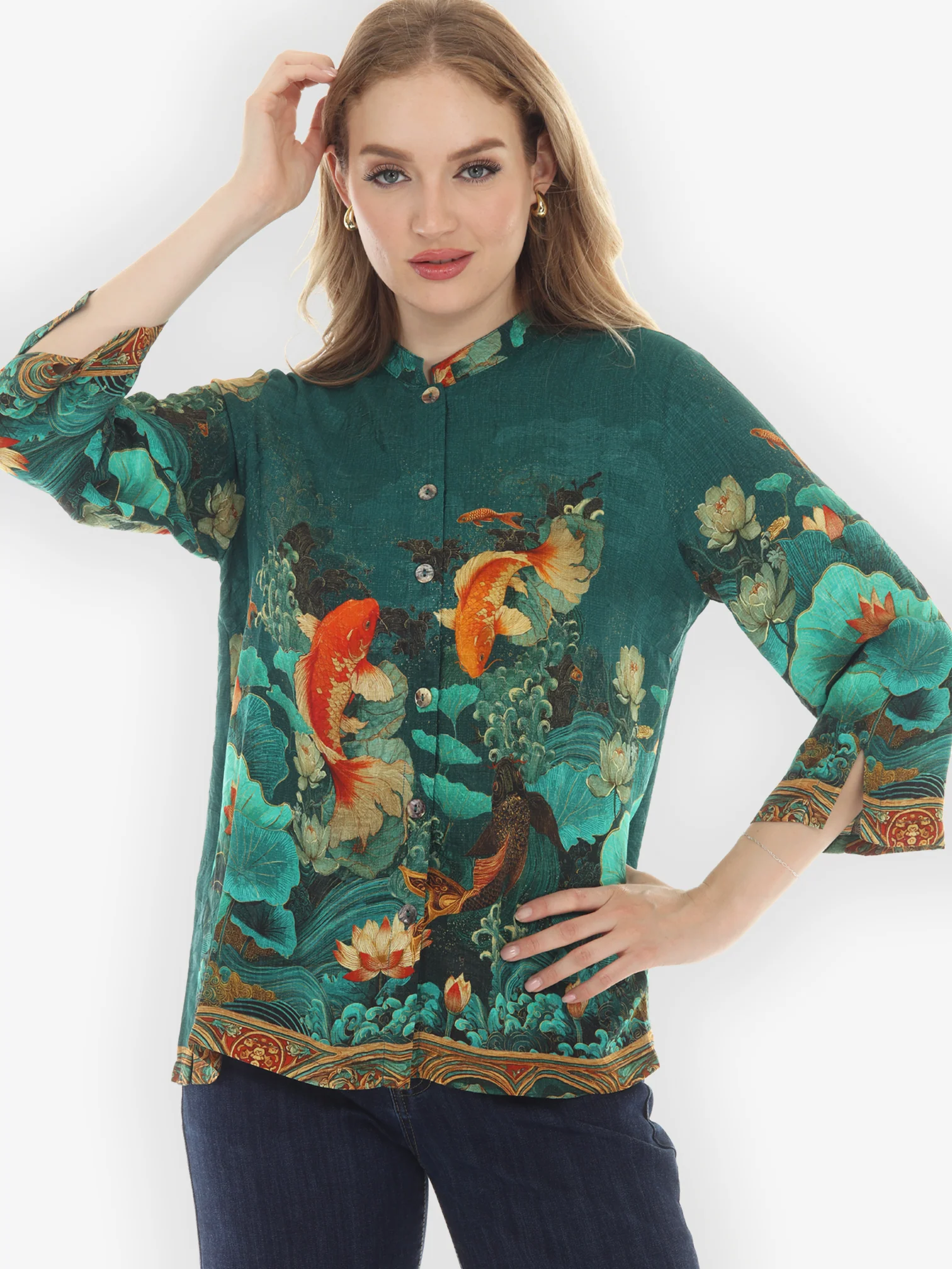 Koi Fish and Sea Wave Silk Blouse