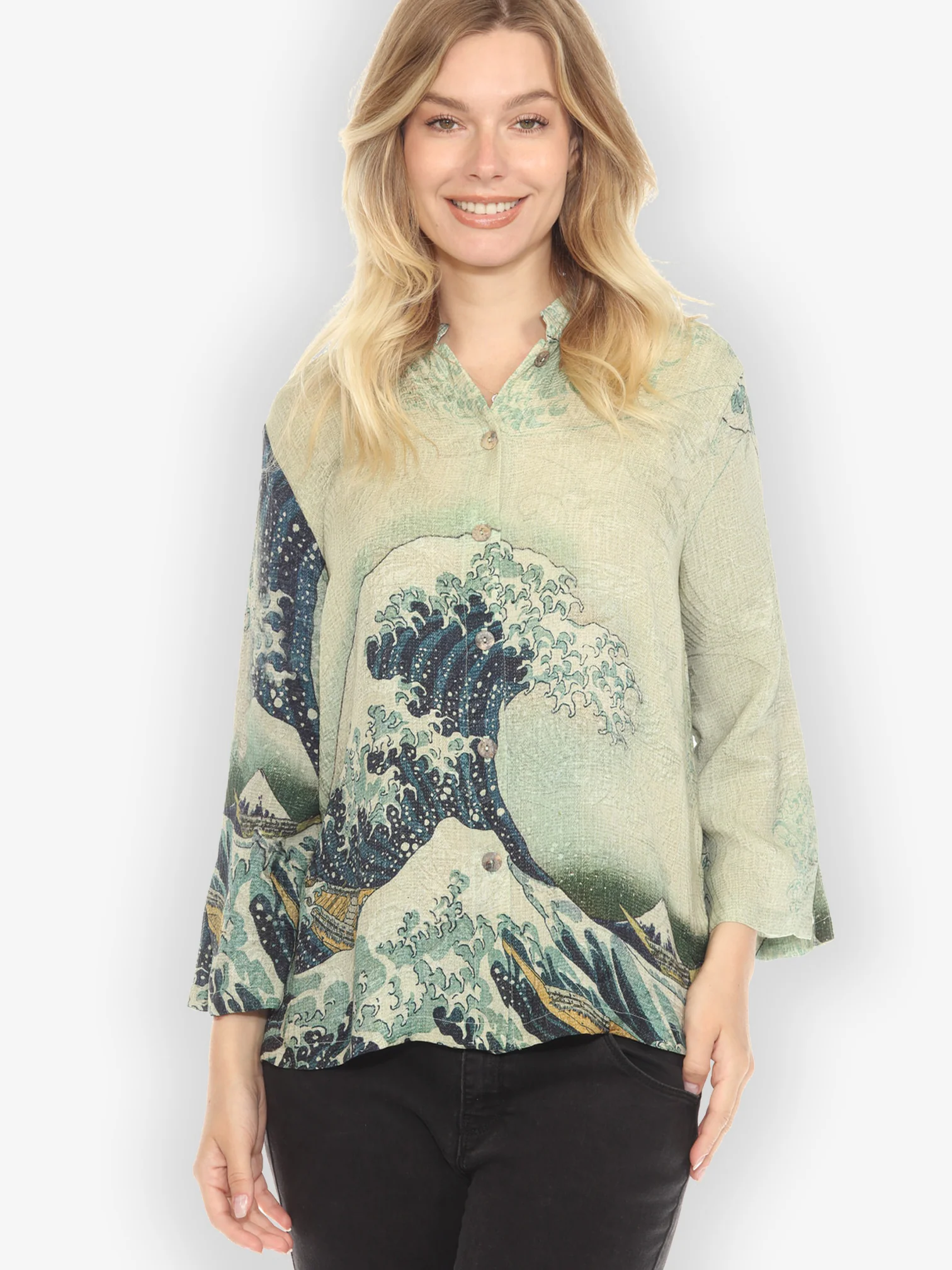 Traditional Japanese Wave Silk Blouse