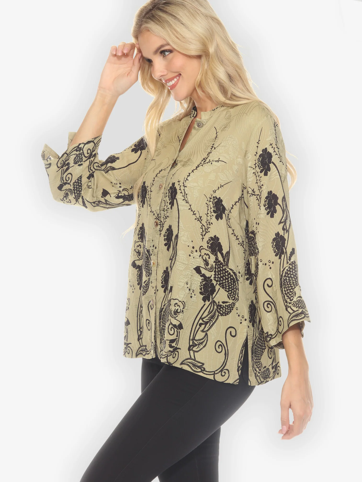Graceful Fish Flowers in Khaki Classic Silk Blouse