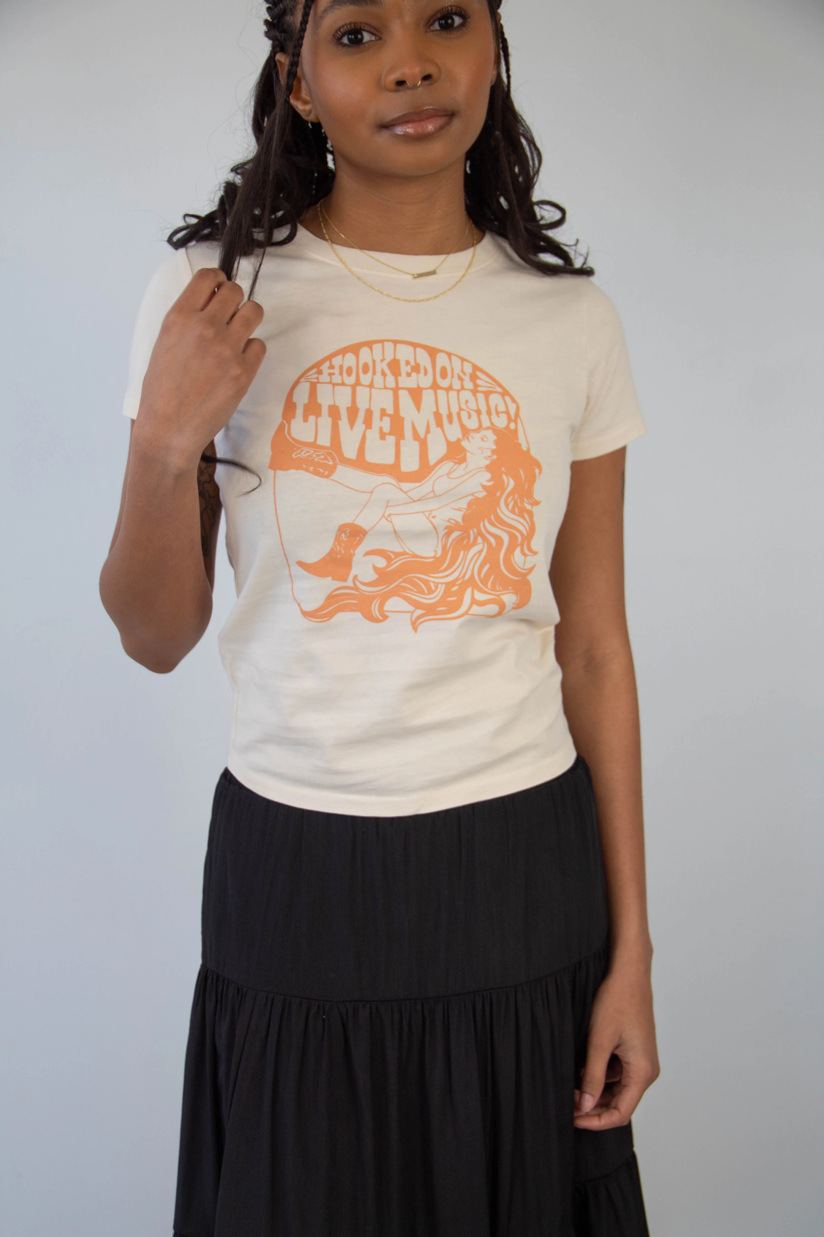 Hooked On Live Music Long Loose Graphic Baby Tee