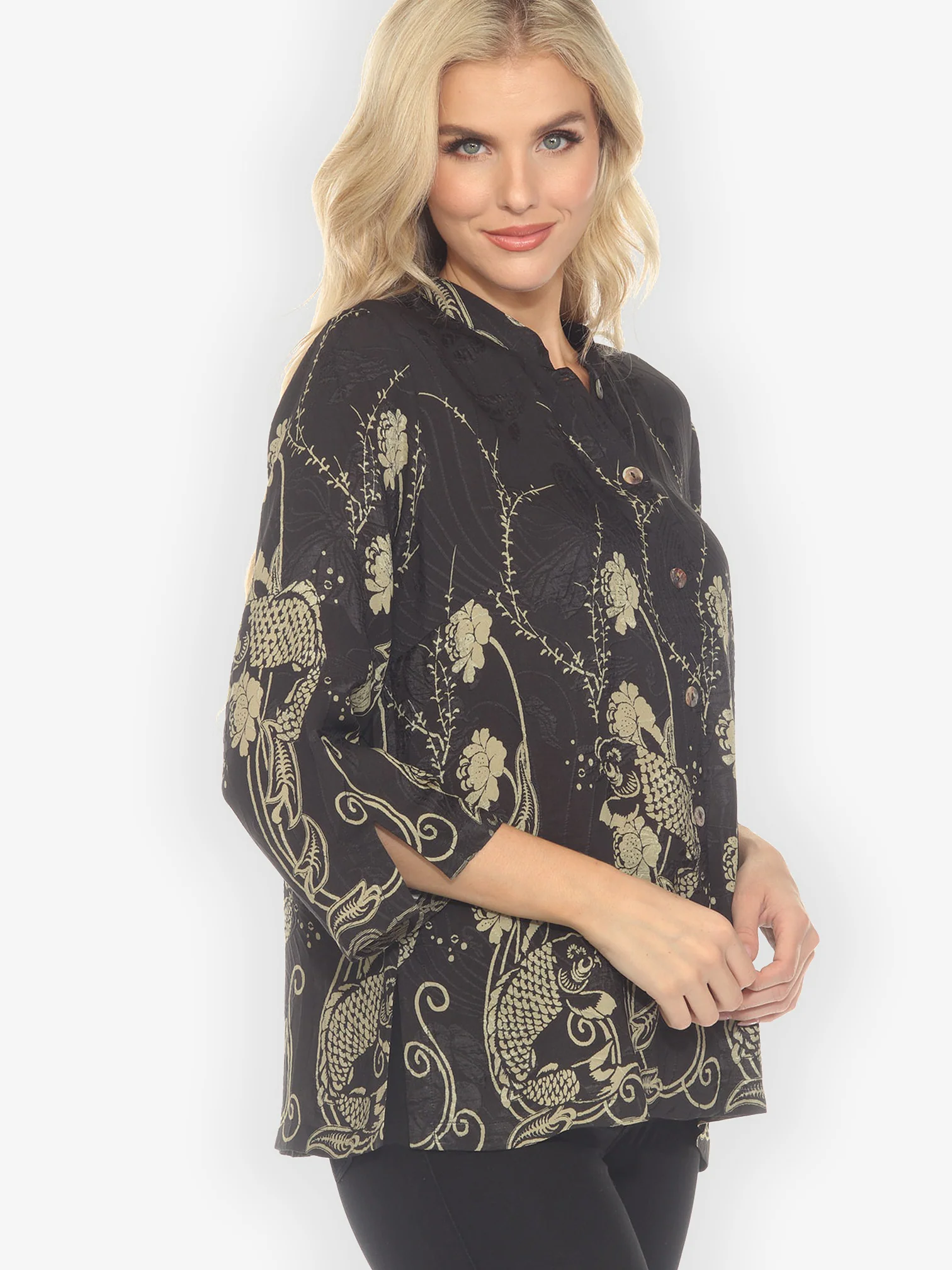 Graceful Fish Flowers in Black Silk Blouse