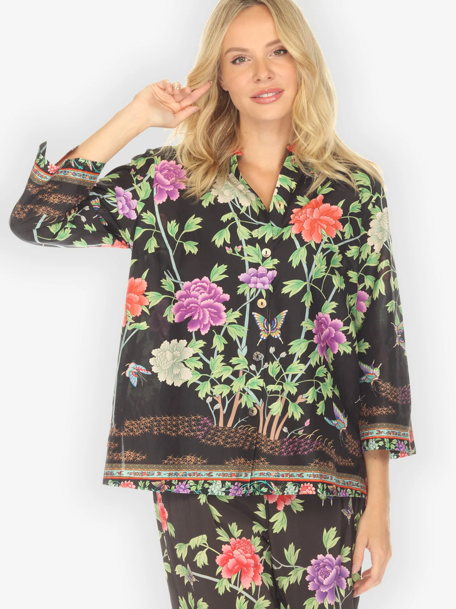 Border Floral Butterflies in Black Cotton Blouse