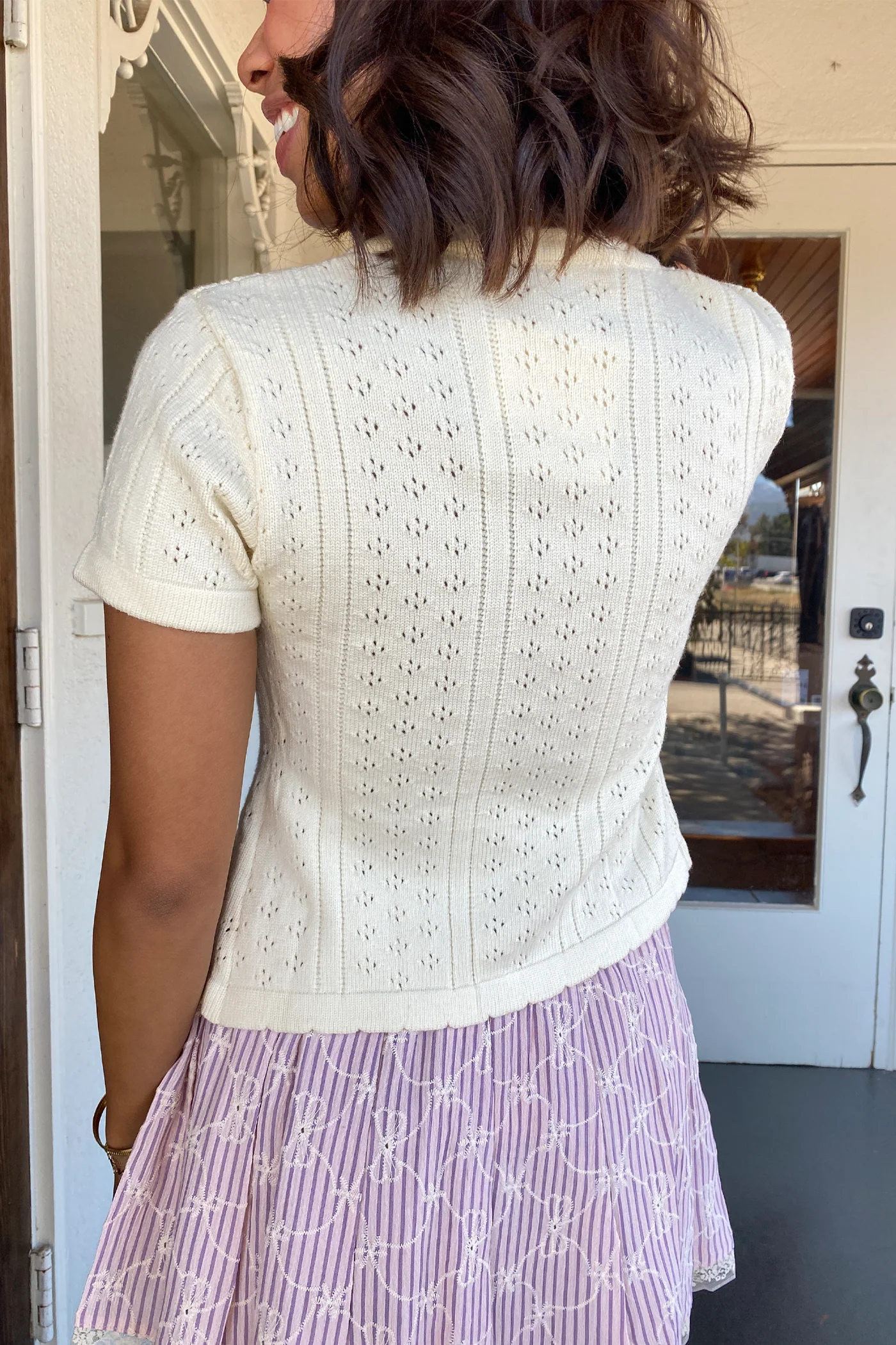 Split Front Pointelle Knit Top