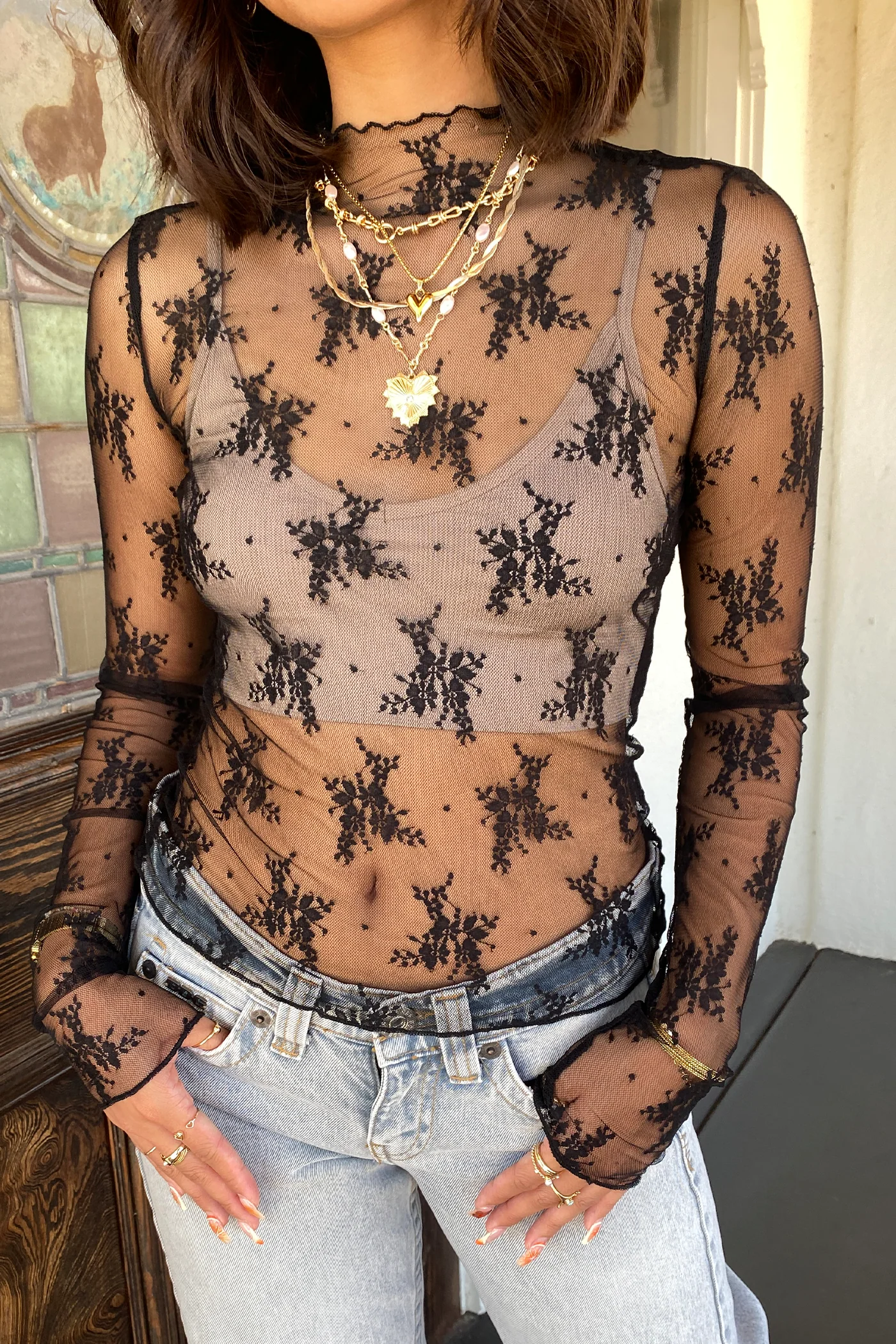 Sheer Lace Long Sleeve Top by For Good