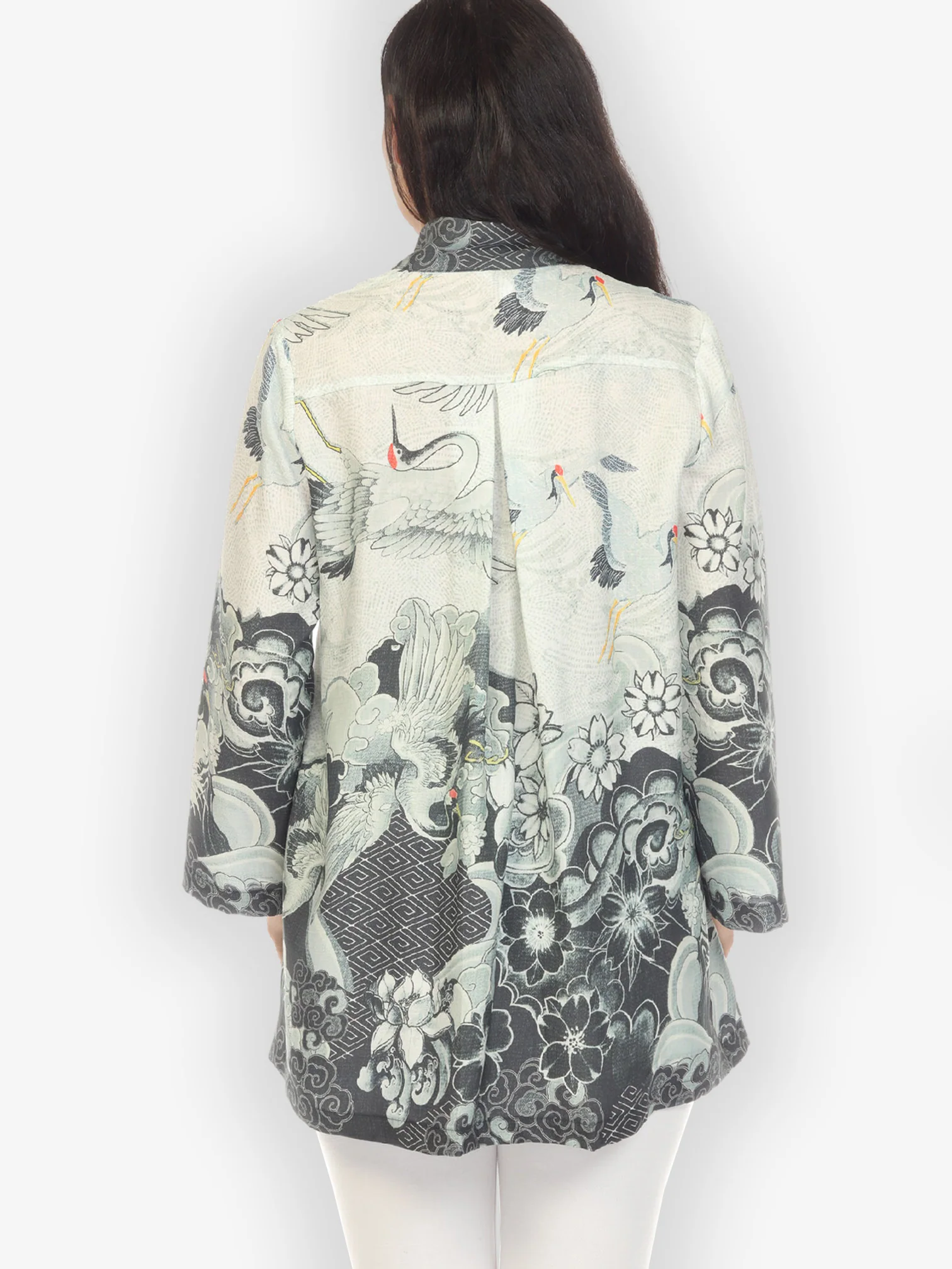 Black White Crane Wave Oversized Notch Collar Shirt