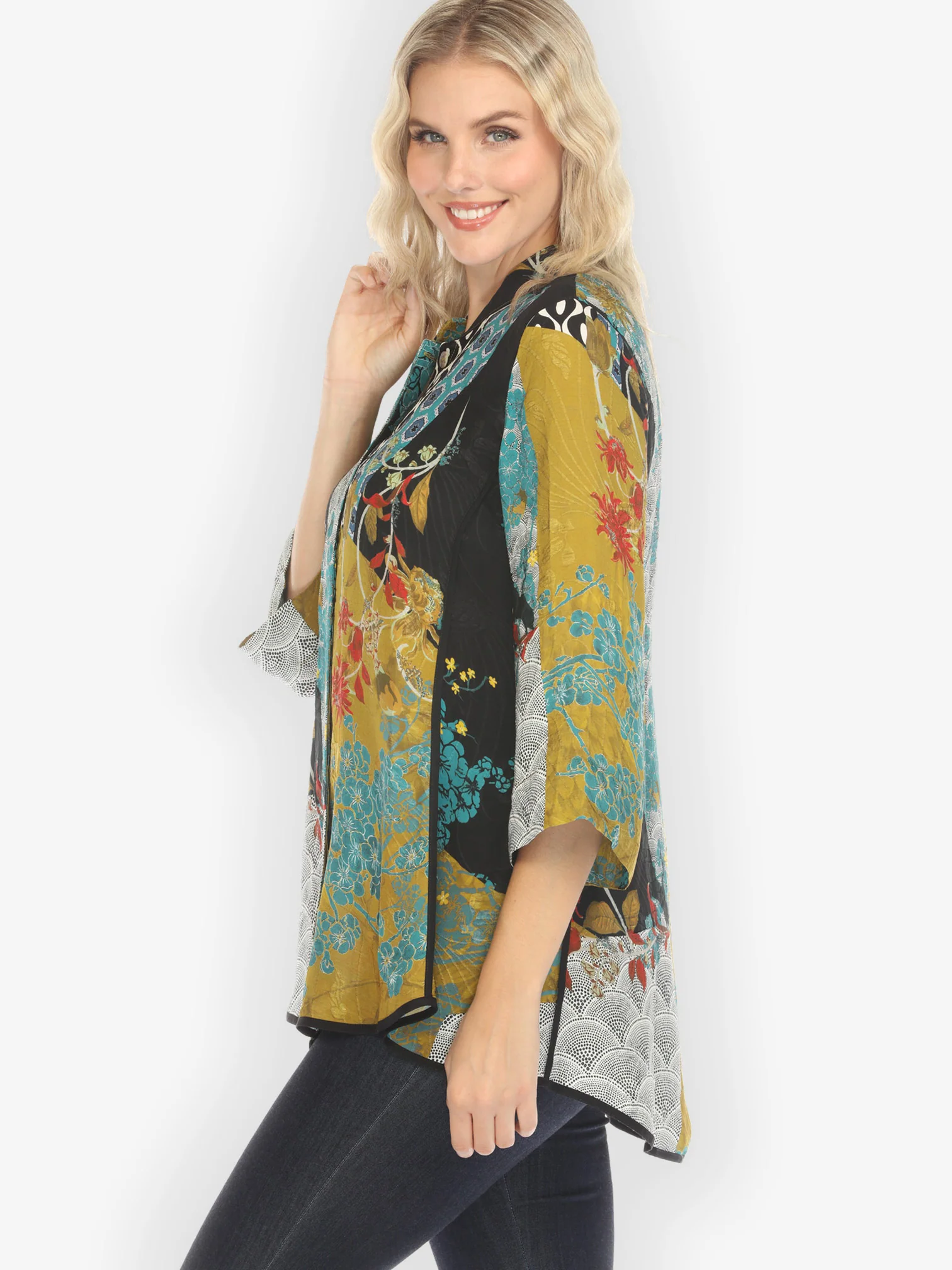 Bohemian Mixed Art in Black Tummy Tuck Shirt