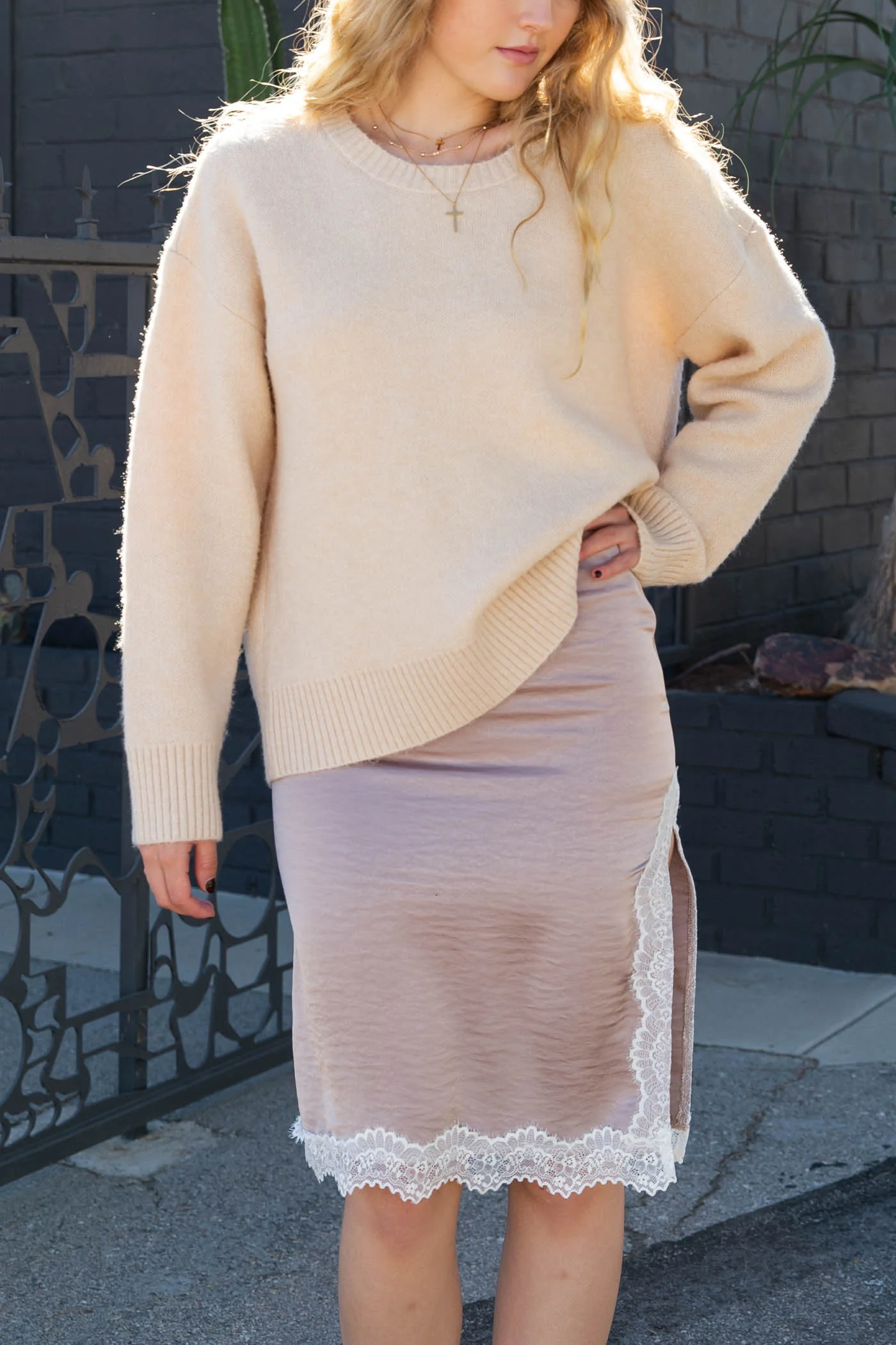 Satin Lace Midi Skirt