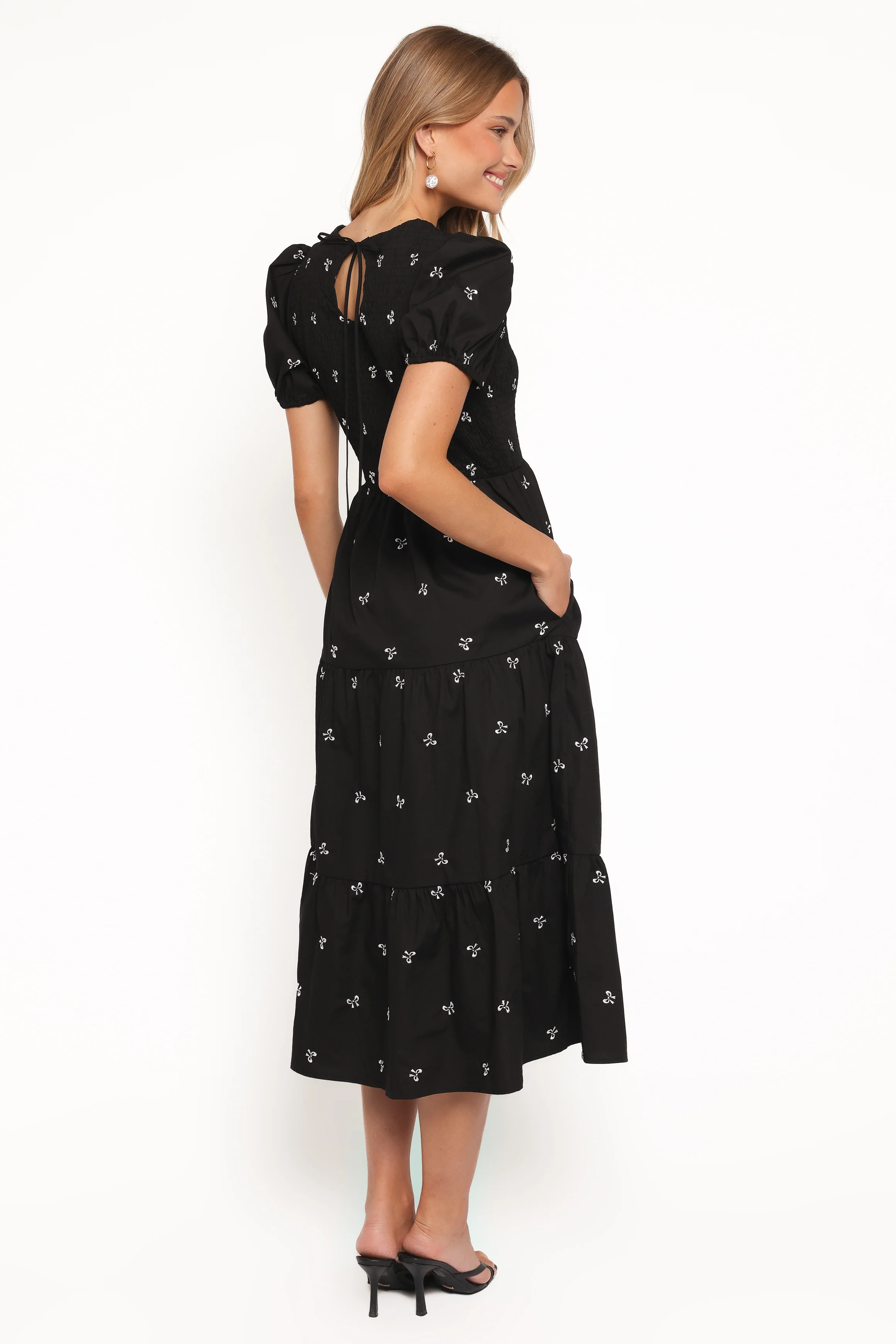 Naura Shirred Tiered Midi Dress - Black Bow