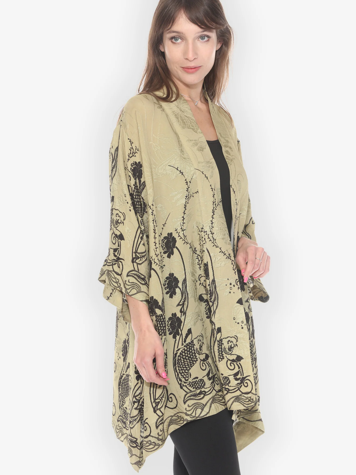 Graceful Fish Flowers in Khaki Kimono Jacket