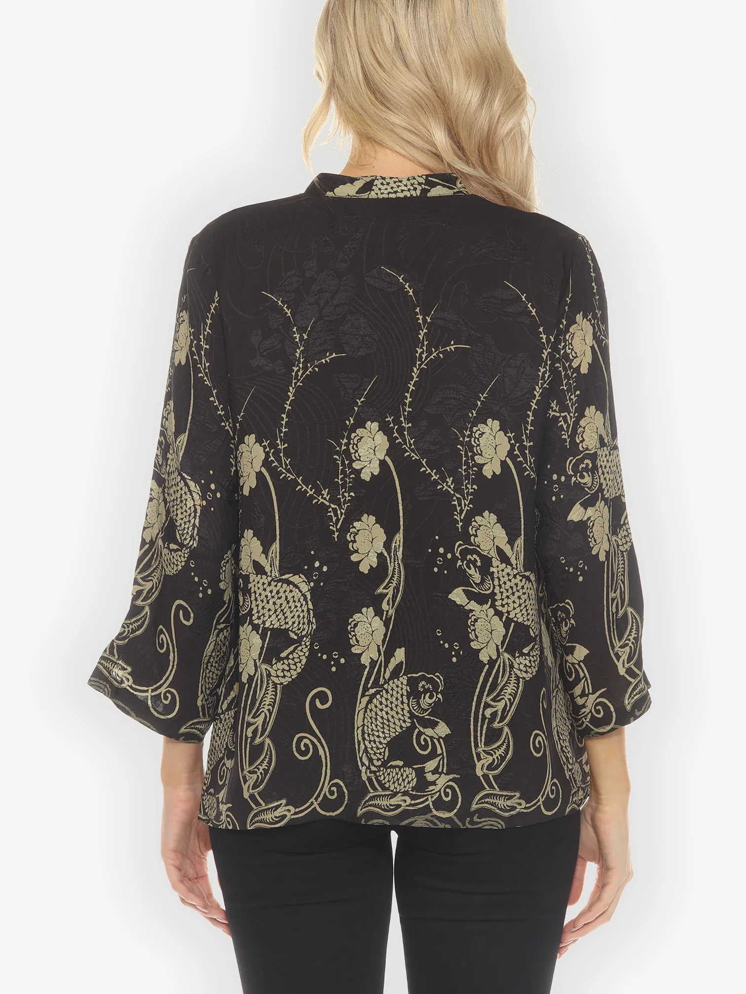 Graceful Fish Flowers in Black Silk Blouse