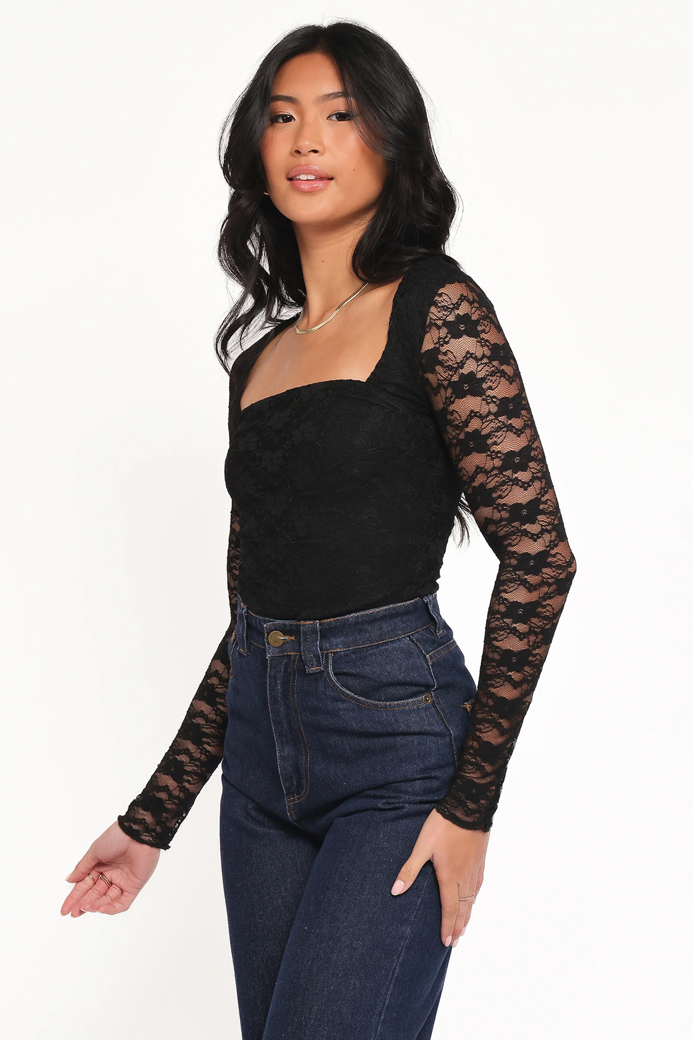 Skyler Square Neck Stretch Lace Top - Black