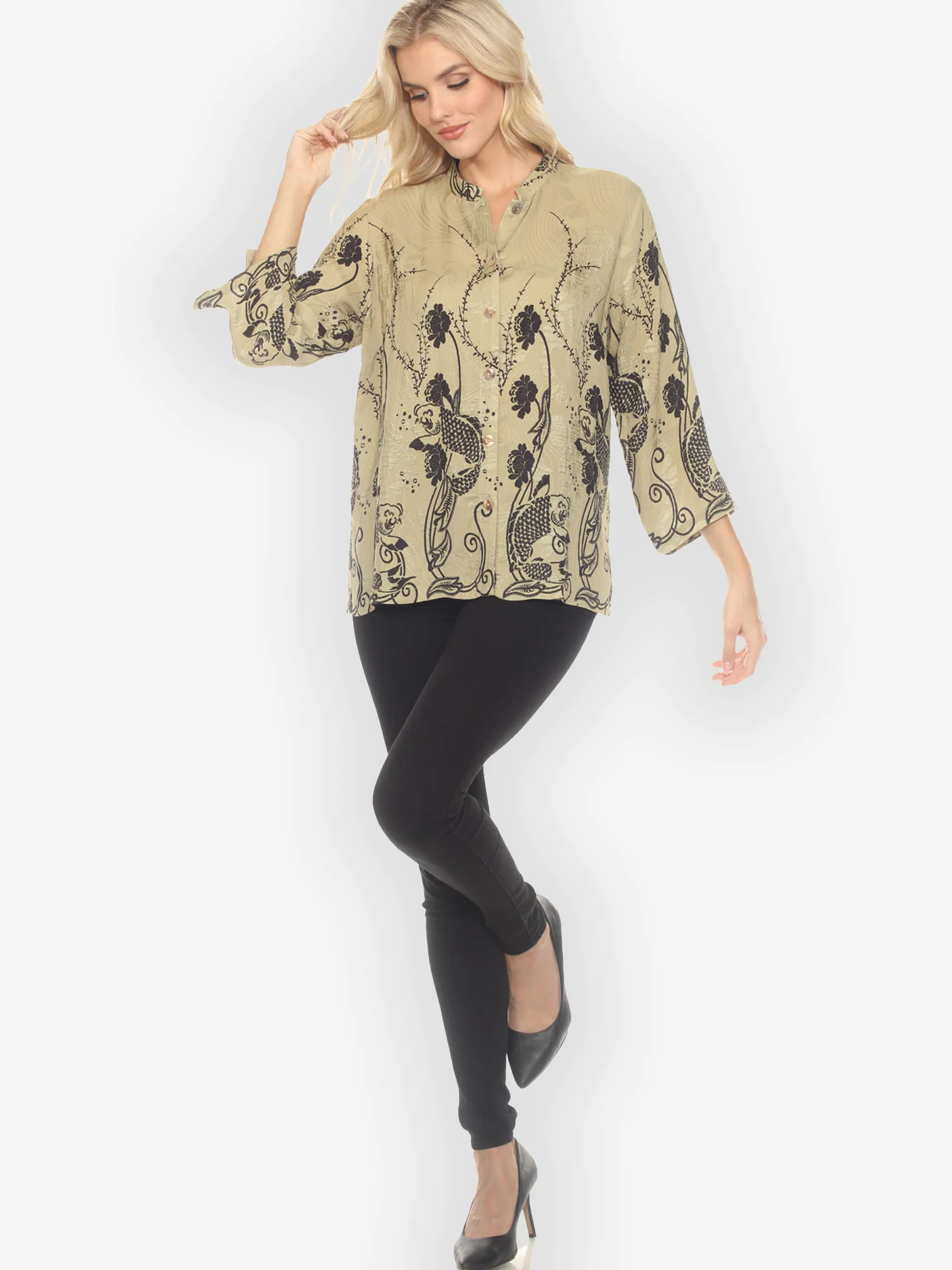Graceful Fish Flowers in Khaki Classic Silk Blouse