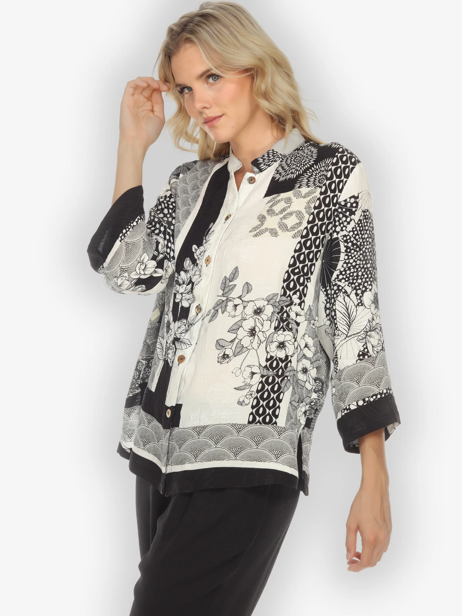 Black White Blossom Citron Style Silk Blouse