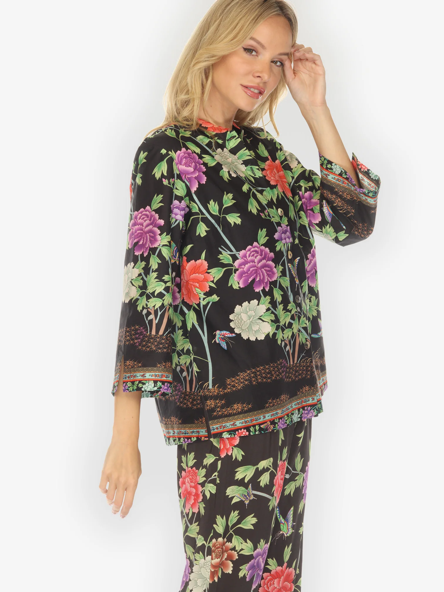 Border Floral Butterflies in Black Cotton Blouse