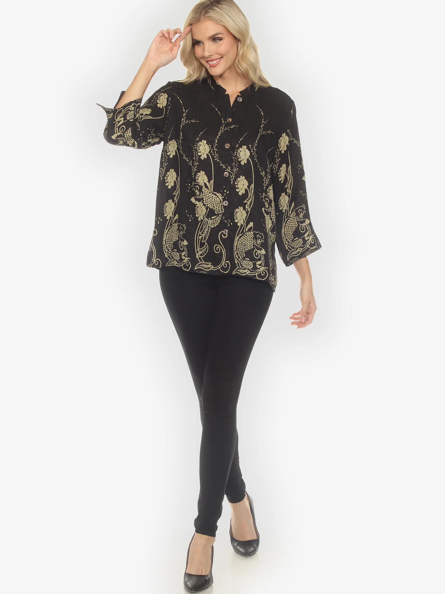 Graceful Fish Flowers in Black Silk Blouse