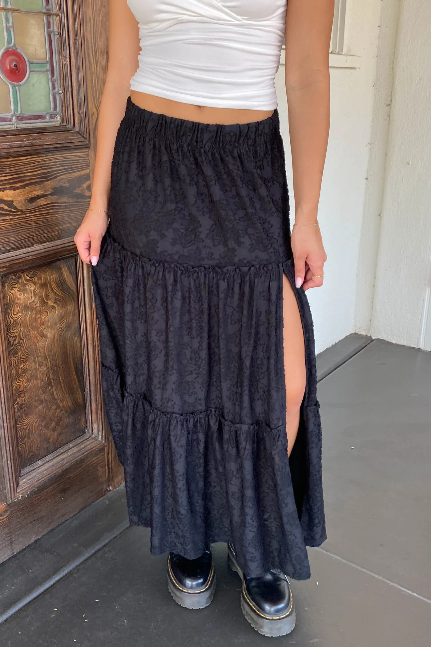 Textured Floral Tiered Maxi Skirt