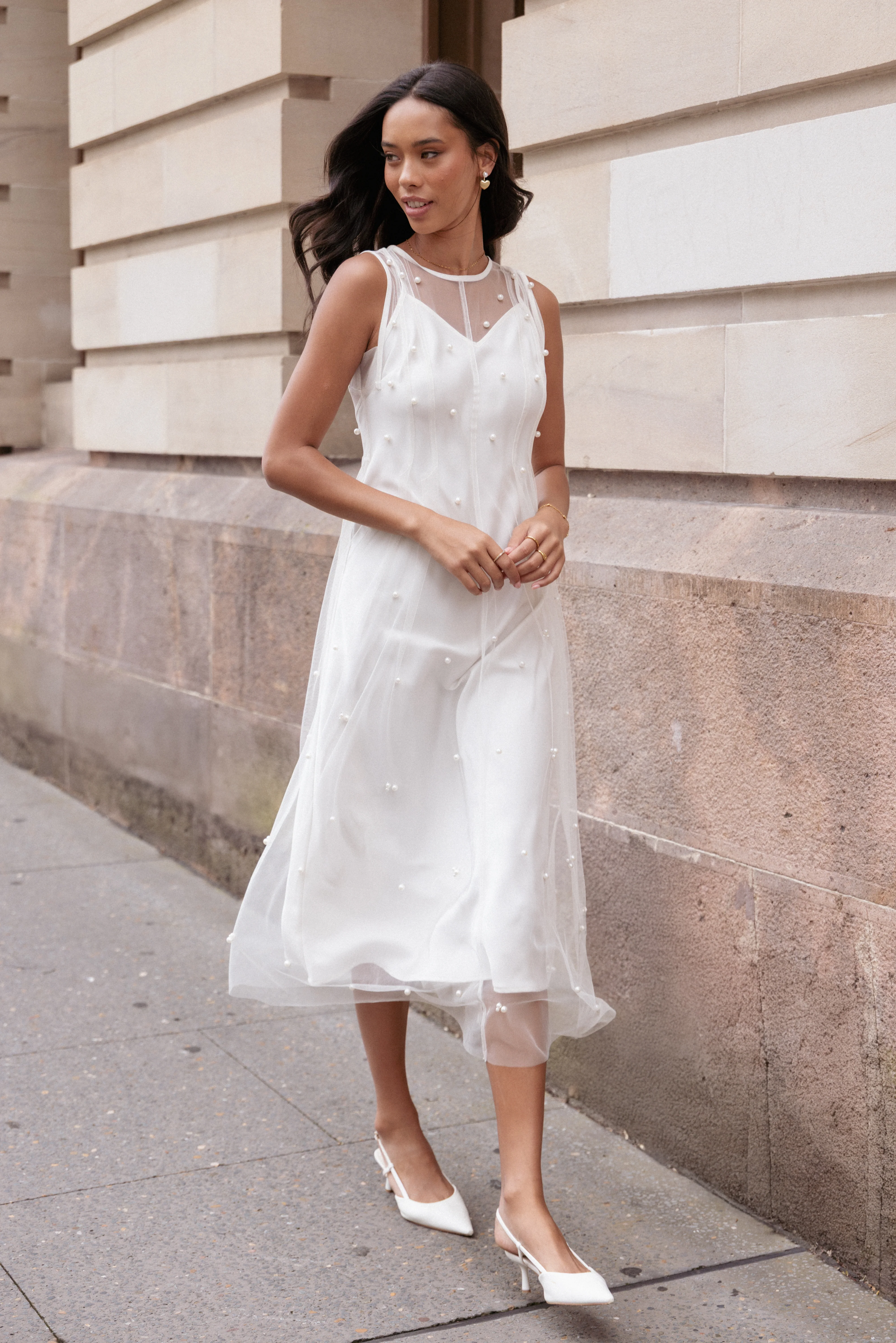 Yulia Pearl Midi Dress - Ecru