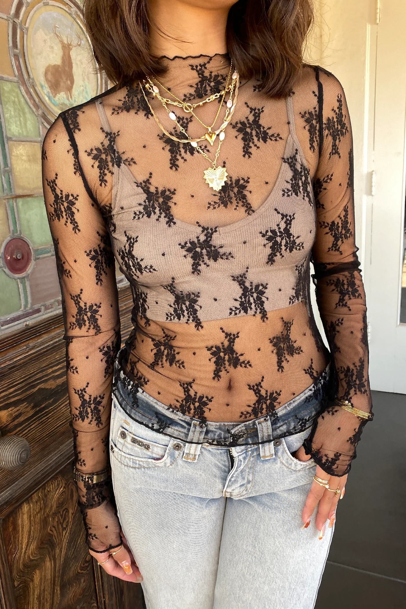 Sheer Lace Long Sleeve Top by For Good