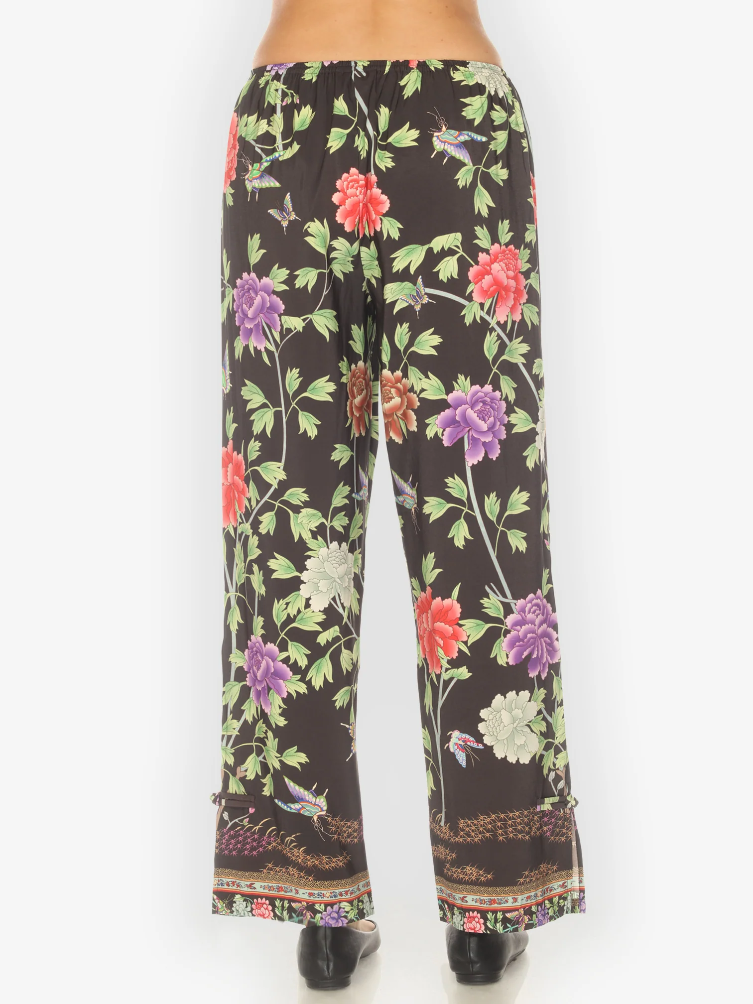 Border Floral Butterflies in Black Pull on Pant