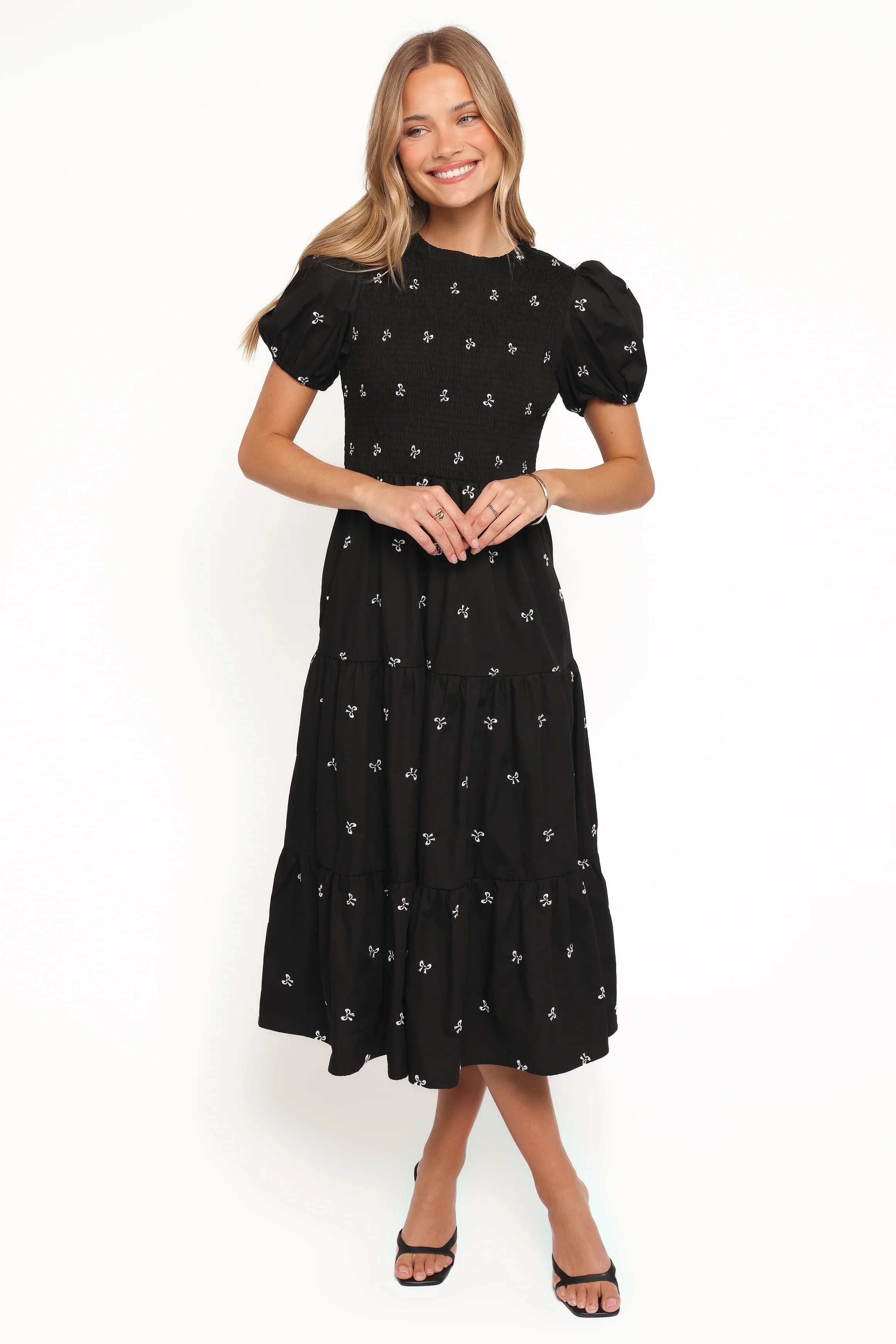 Naura Shirred Tiered Midi Dress - Black Bow