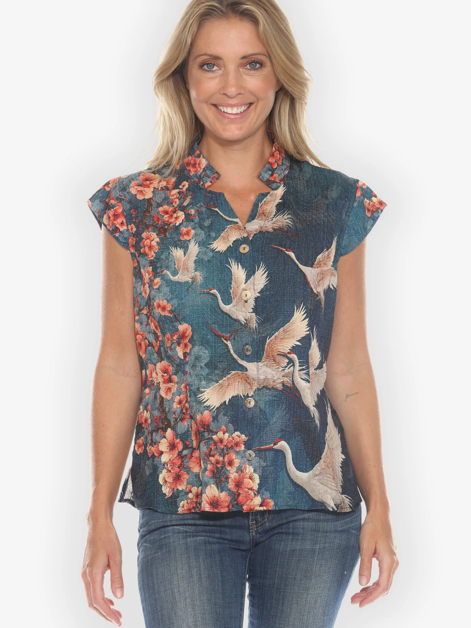 Sakura and Crane Cap Sleeve Silk Blouse
