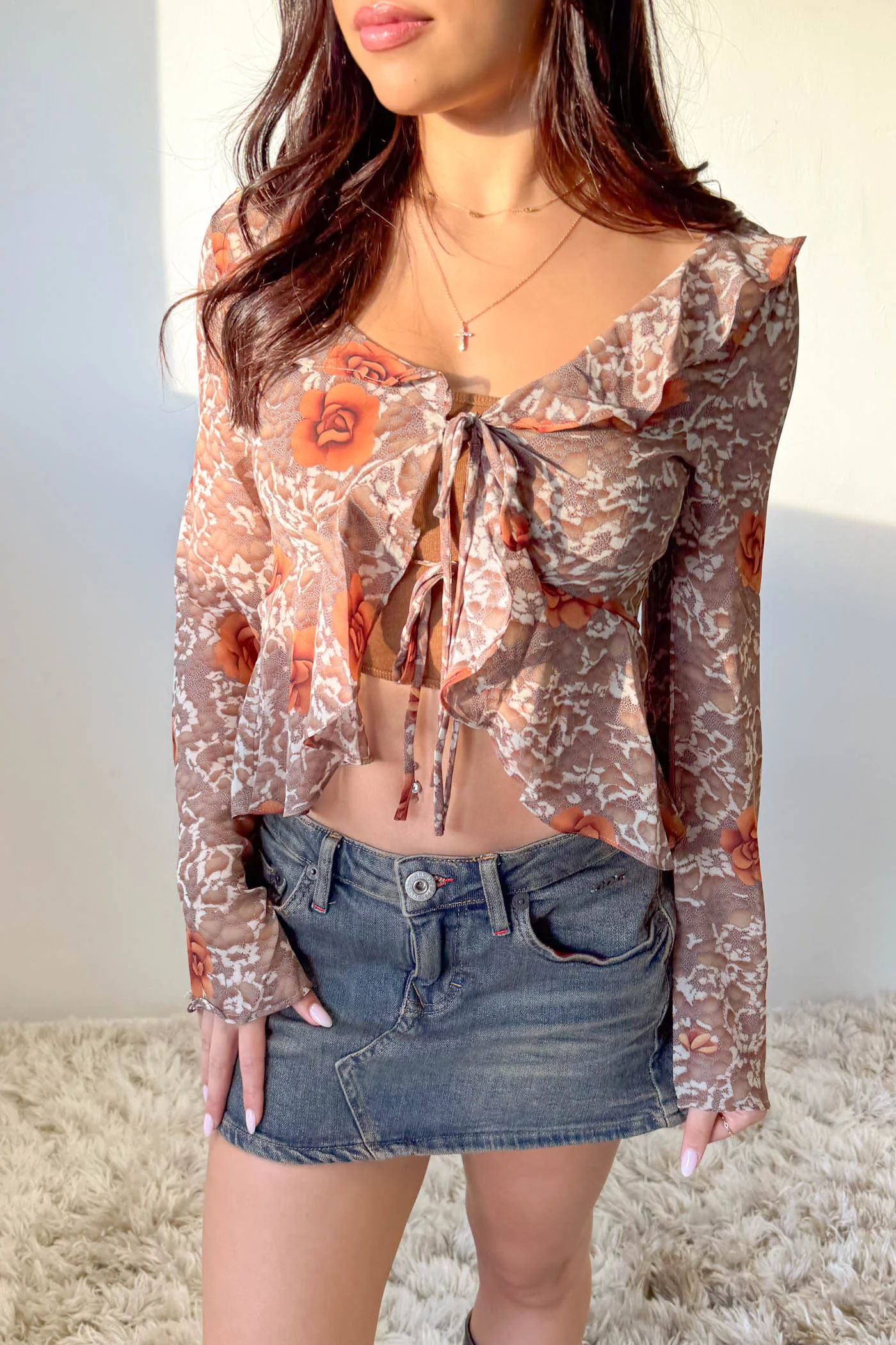 Sheer Ruffled Front Tie Top