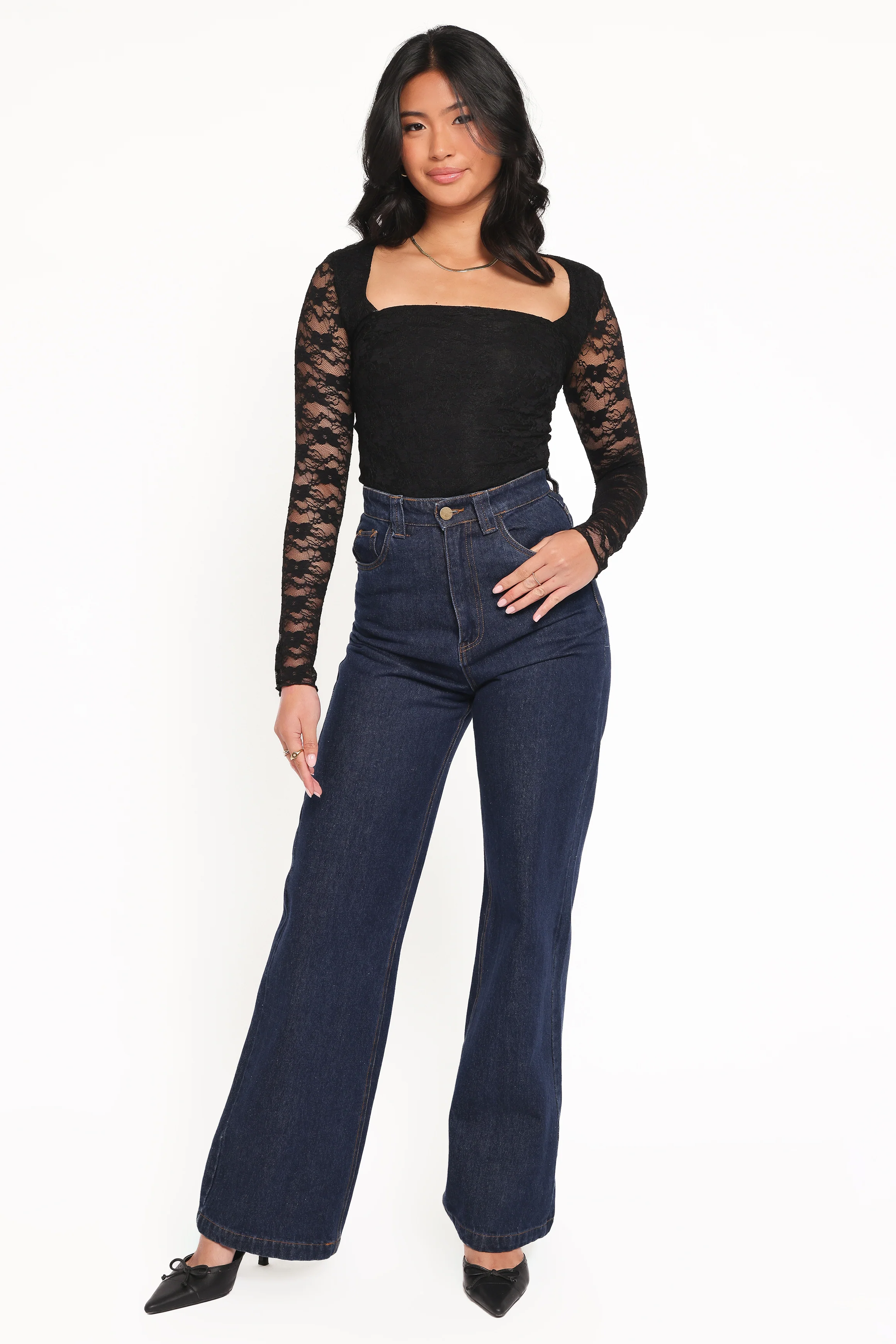 Skyler Square Neck Stretch Lace Top - Black