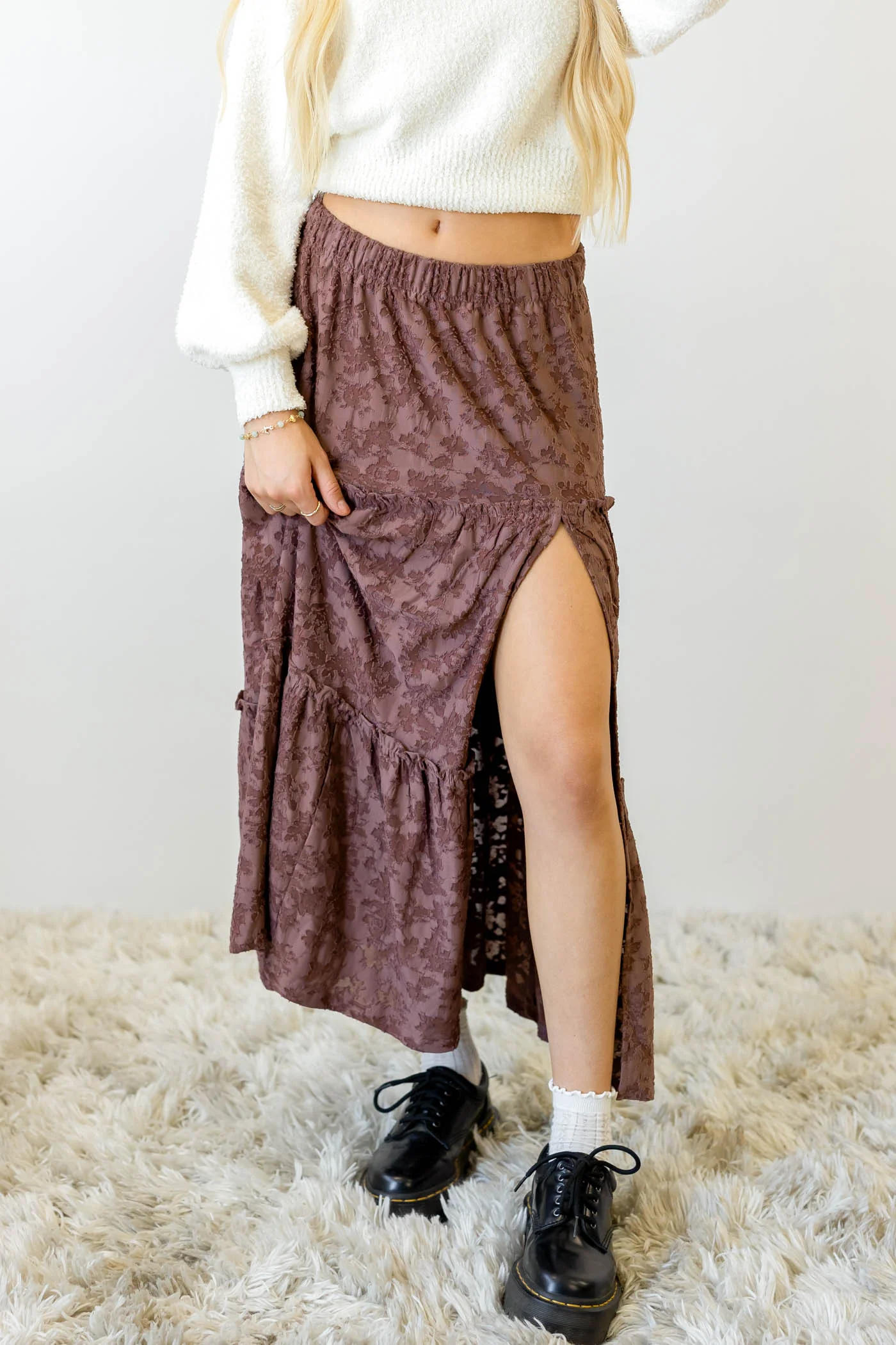 Textured Floral Tiered Maxi Skirt