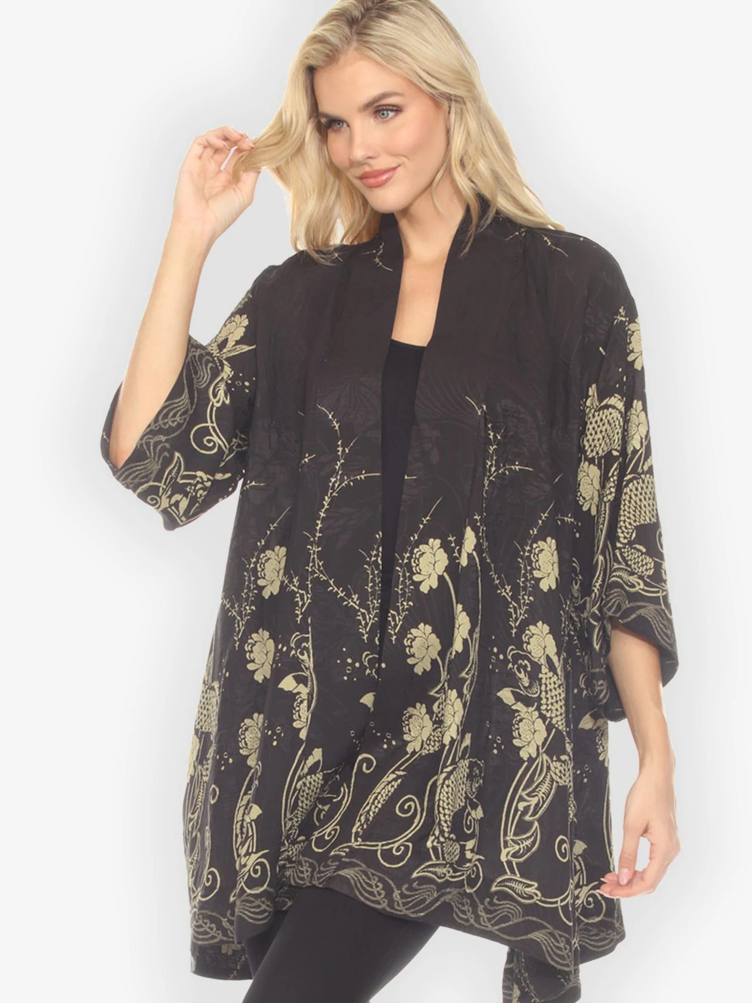 Graceful Fish Flowers in Black Silk Kimono Jacket