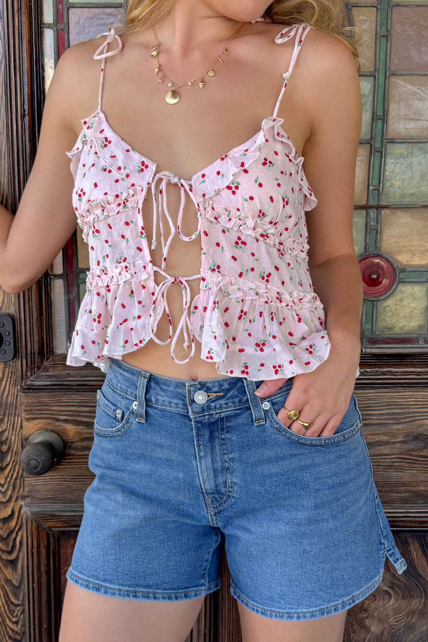 Cherry Print Split Front Top