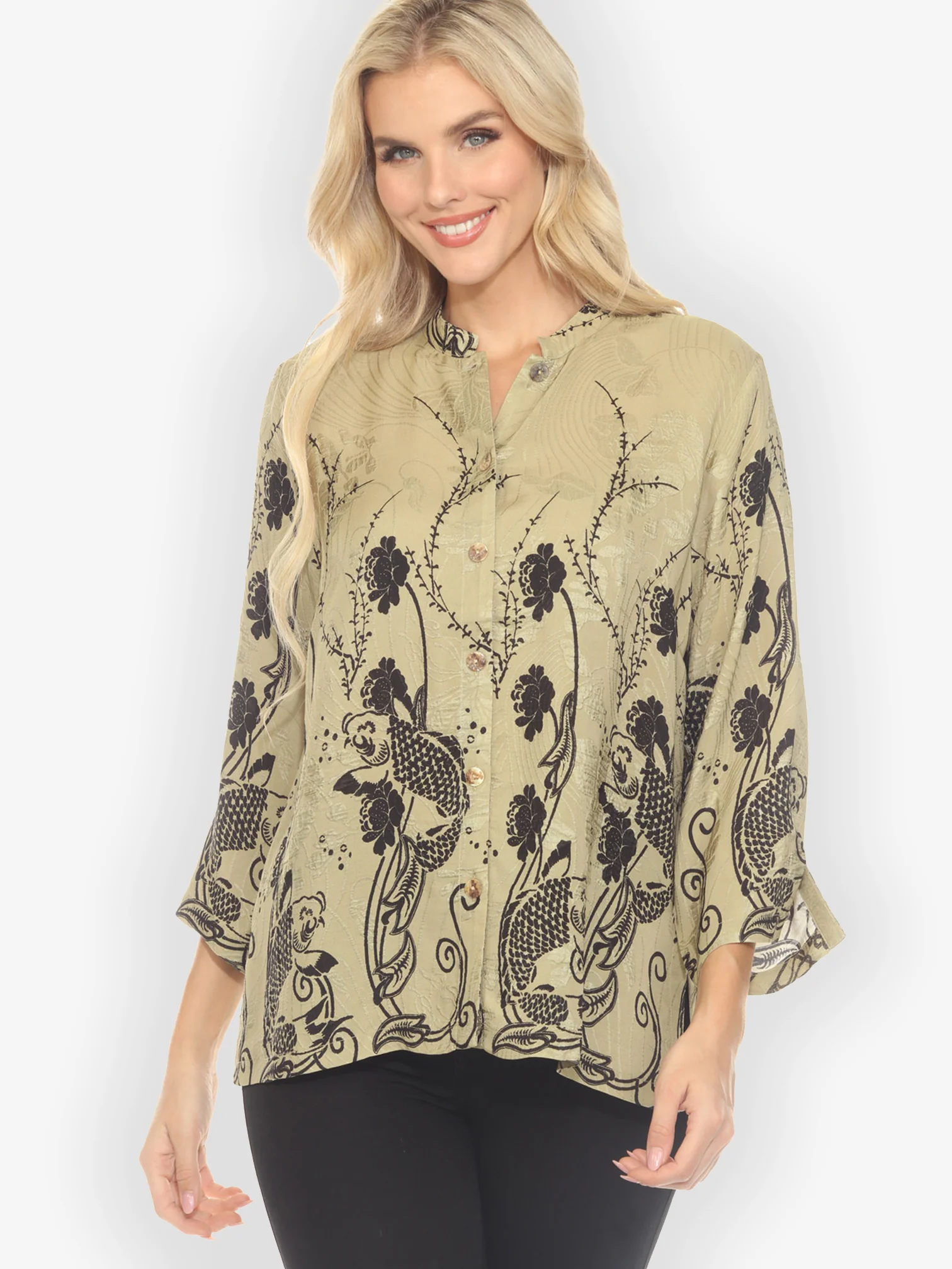 Graceful Fish Flowers in Khaki Classic Silk Blouse