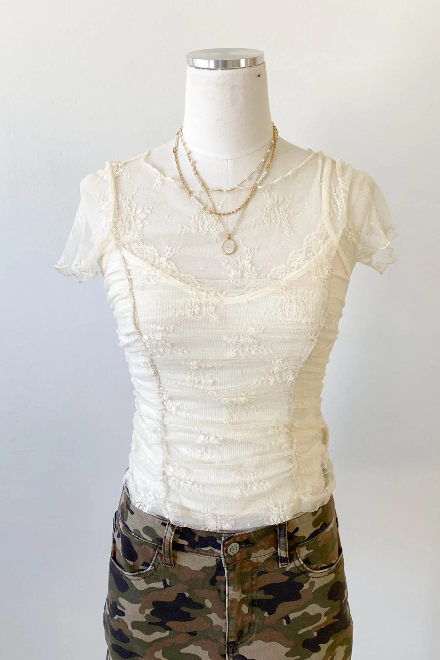 Ruched Stretch Lace Layering Top