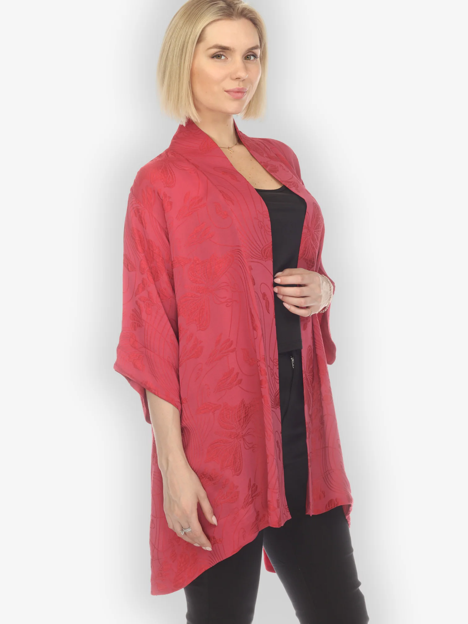 Solid Pinkish-Red Silk Kimono Top