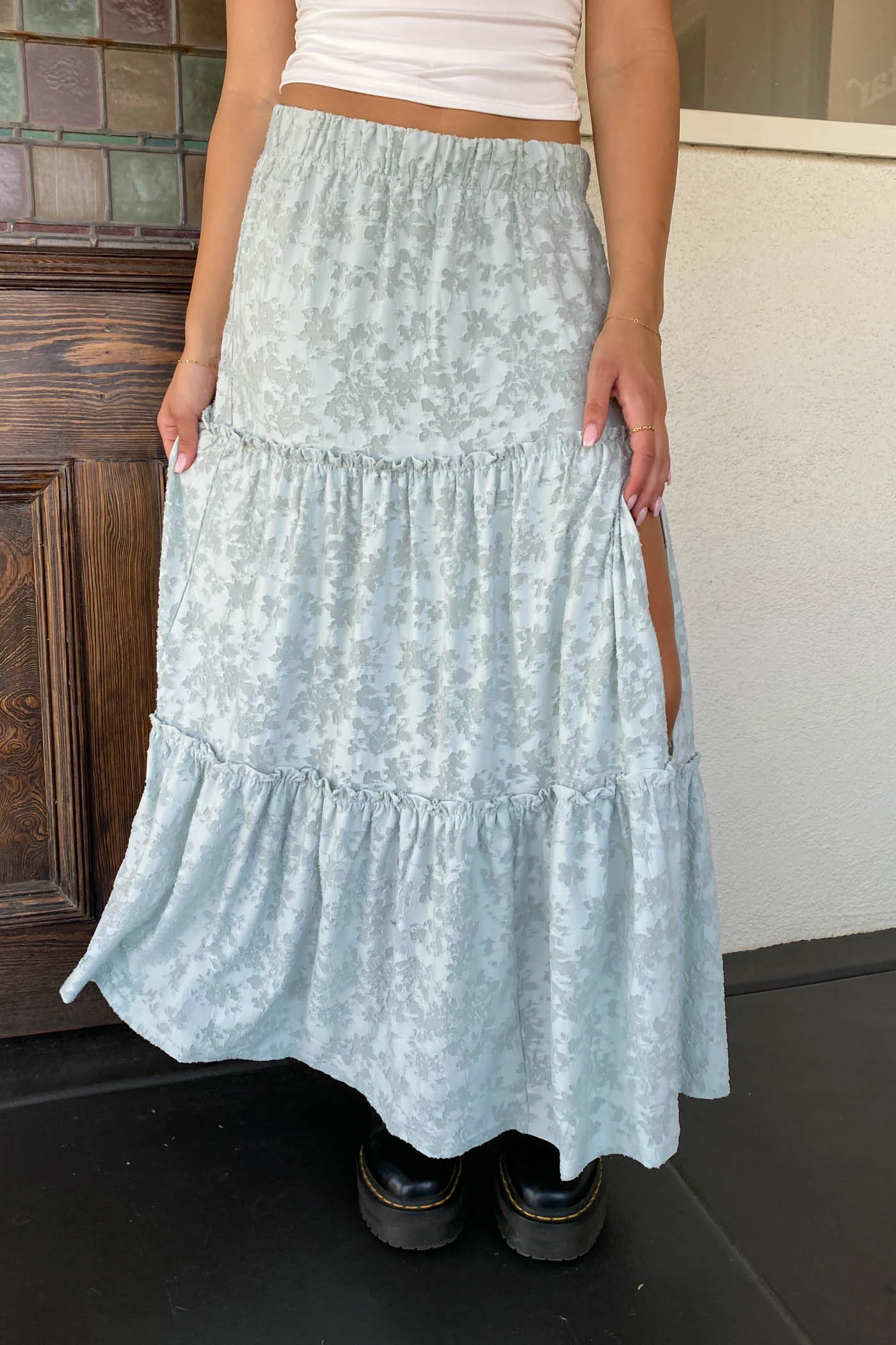 Textured Floral Tiered Maxi Skirt