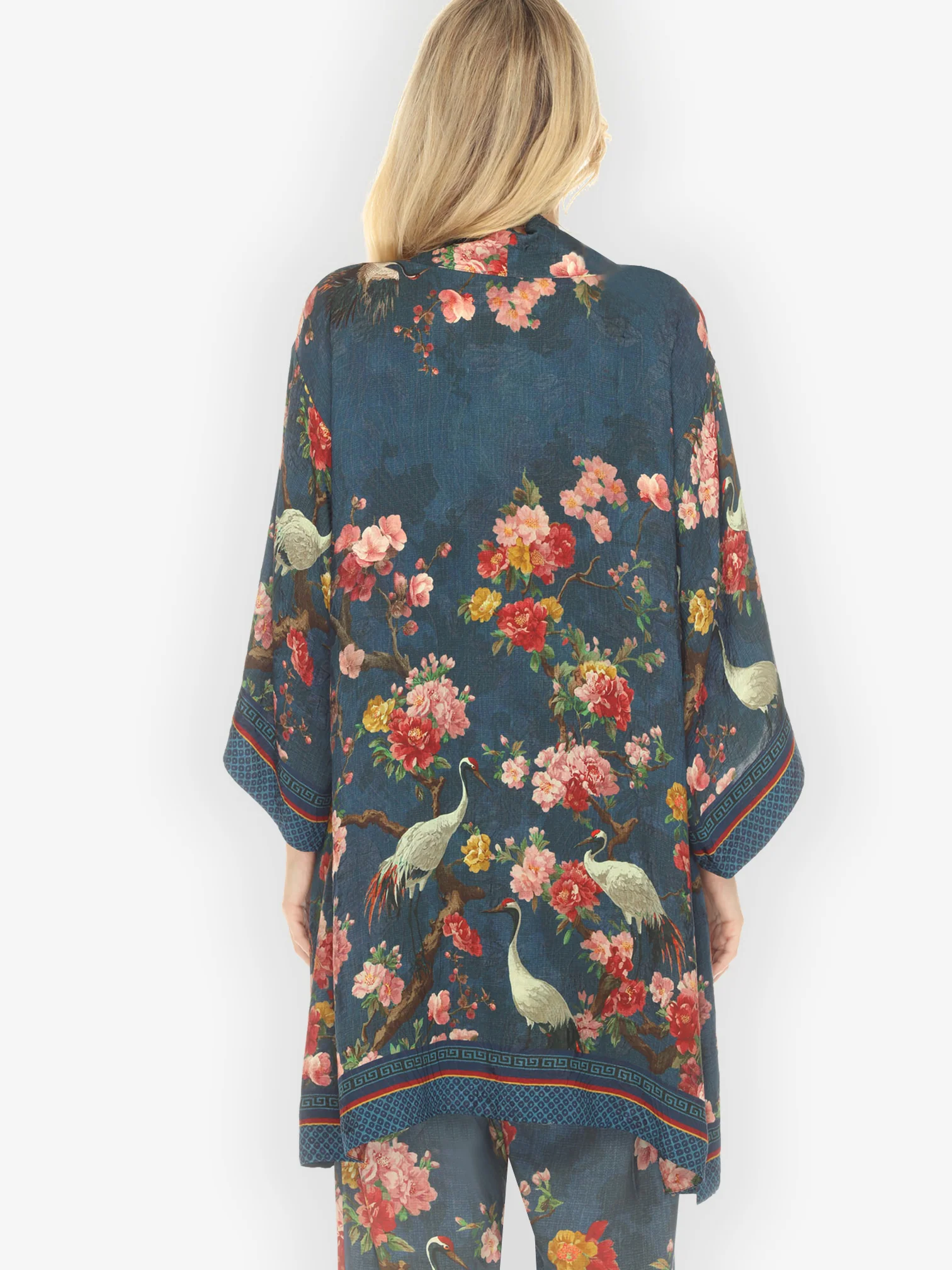 Crane and Cherry Bloom Silk Kimono Jacket