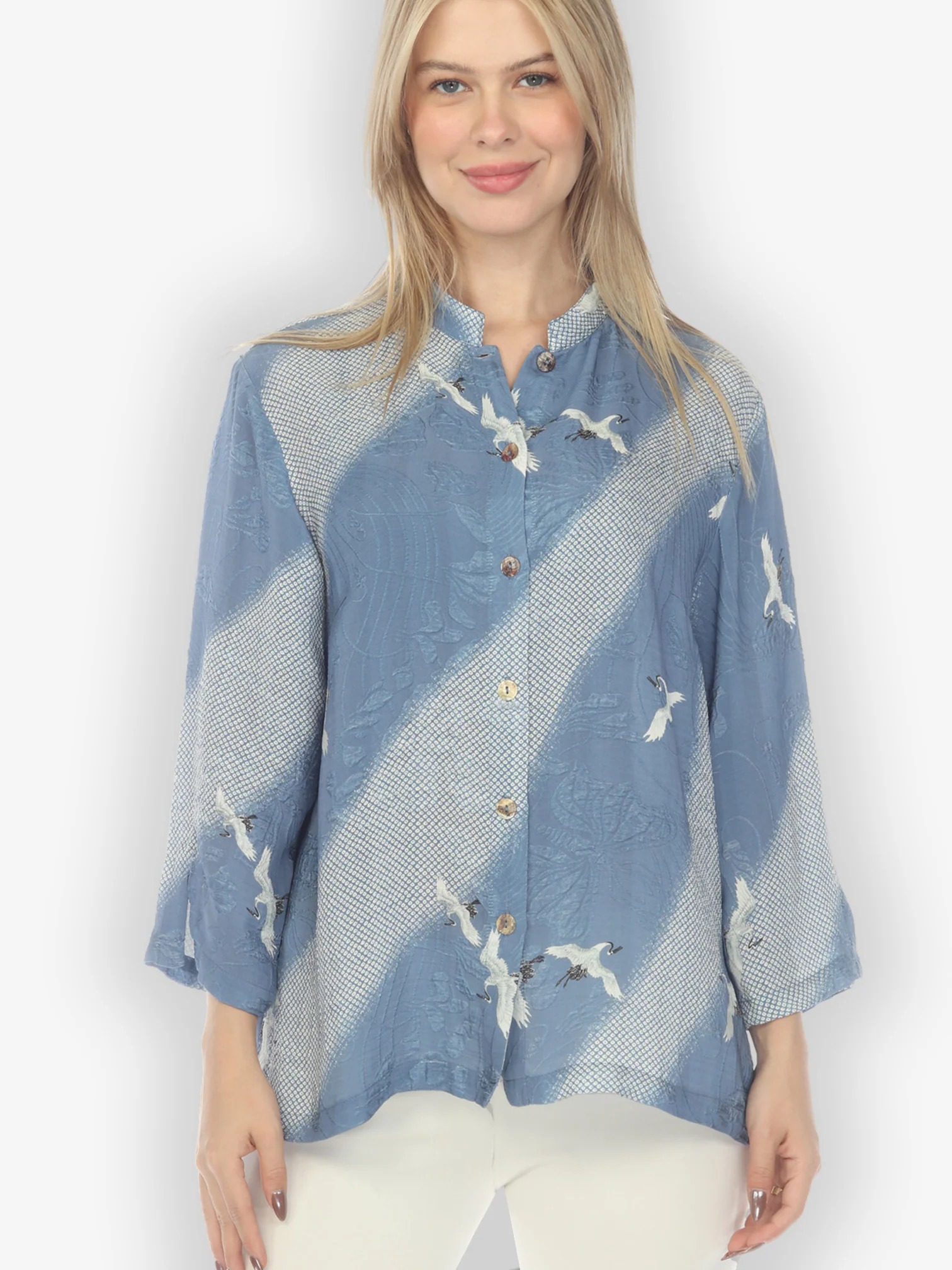 Shibori Flying Crane Silk Blouse