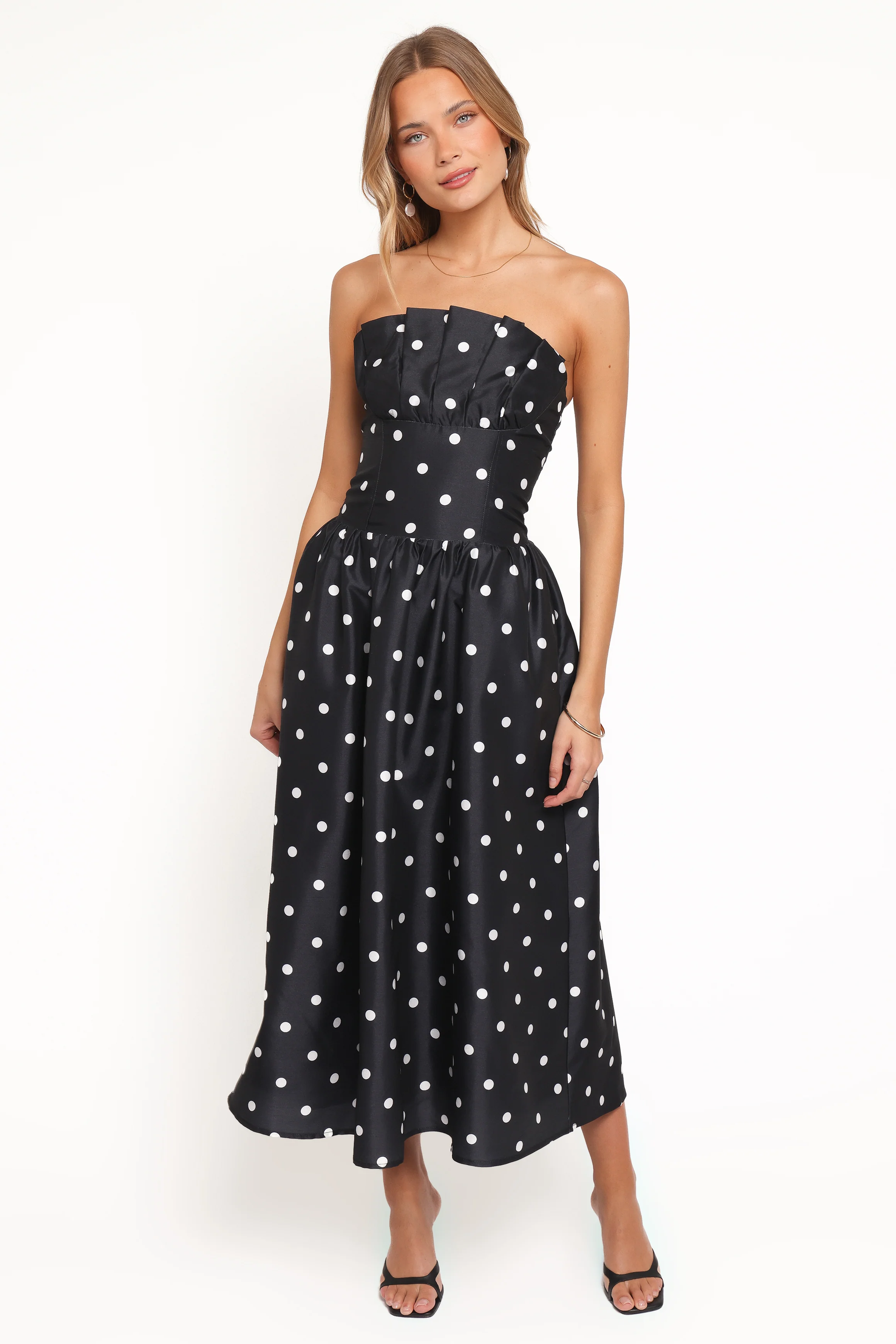 Kimbra Strapless Midi Dress - Black Polka Dot