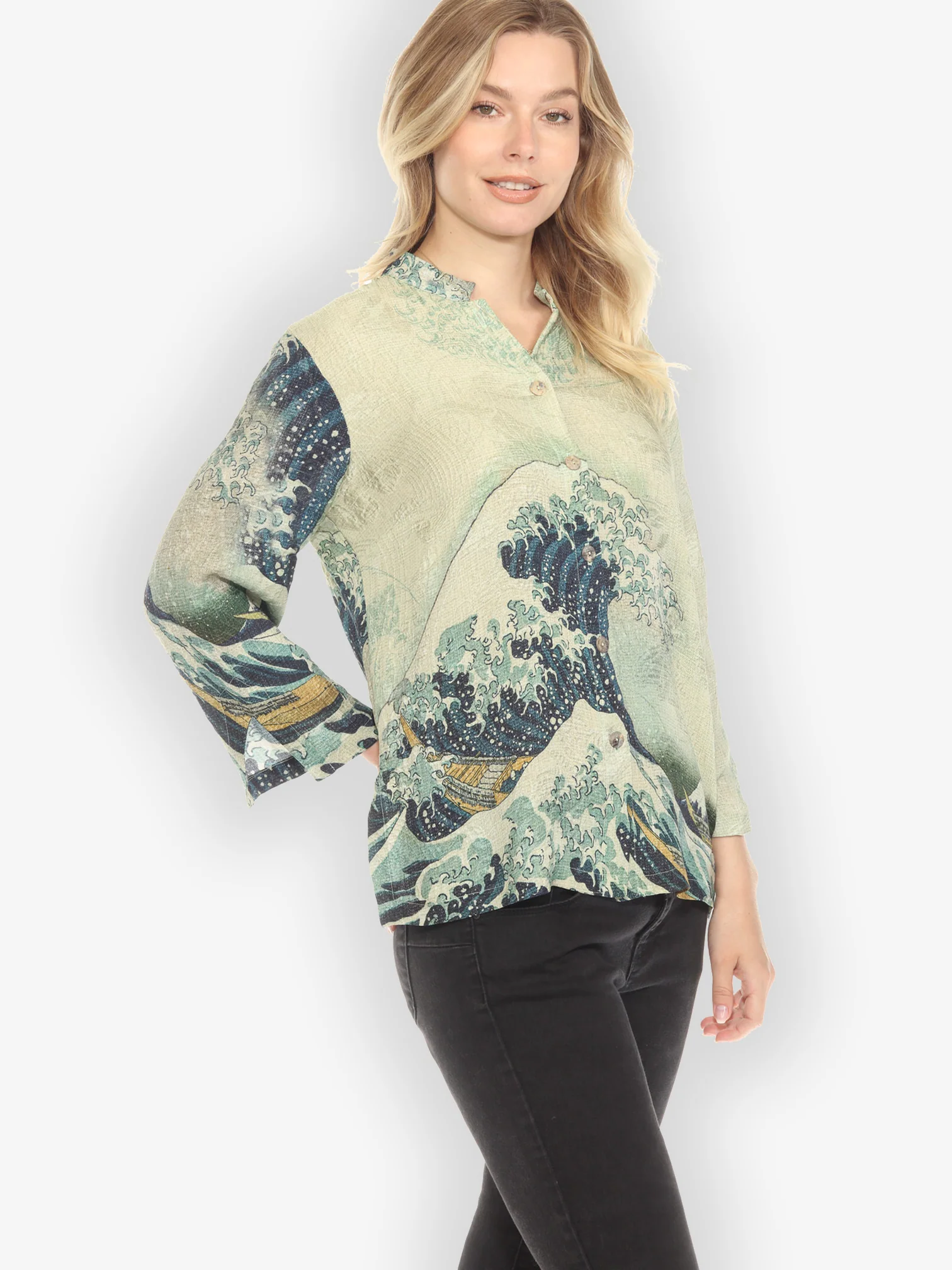 Traditional Japanese Wave Silk Blouse