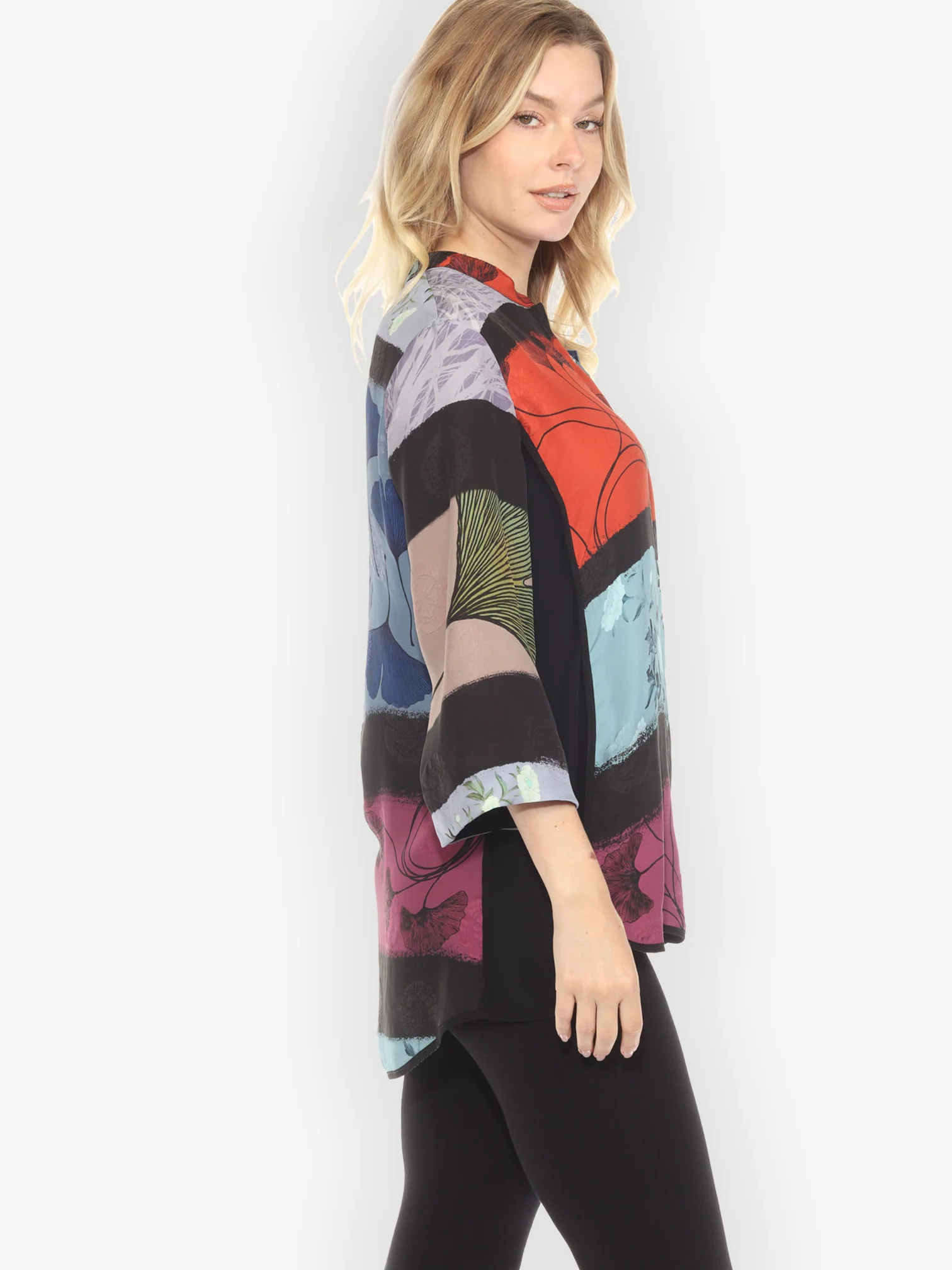 Gingko Leaves Cheerful Tummy Tuck Silk Shirt