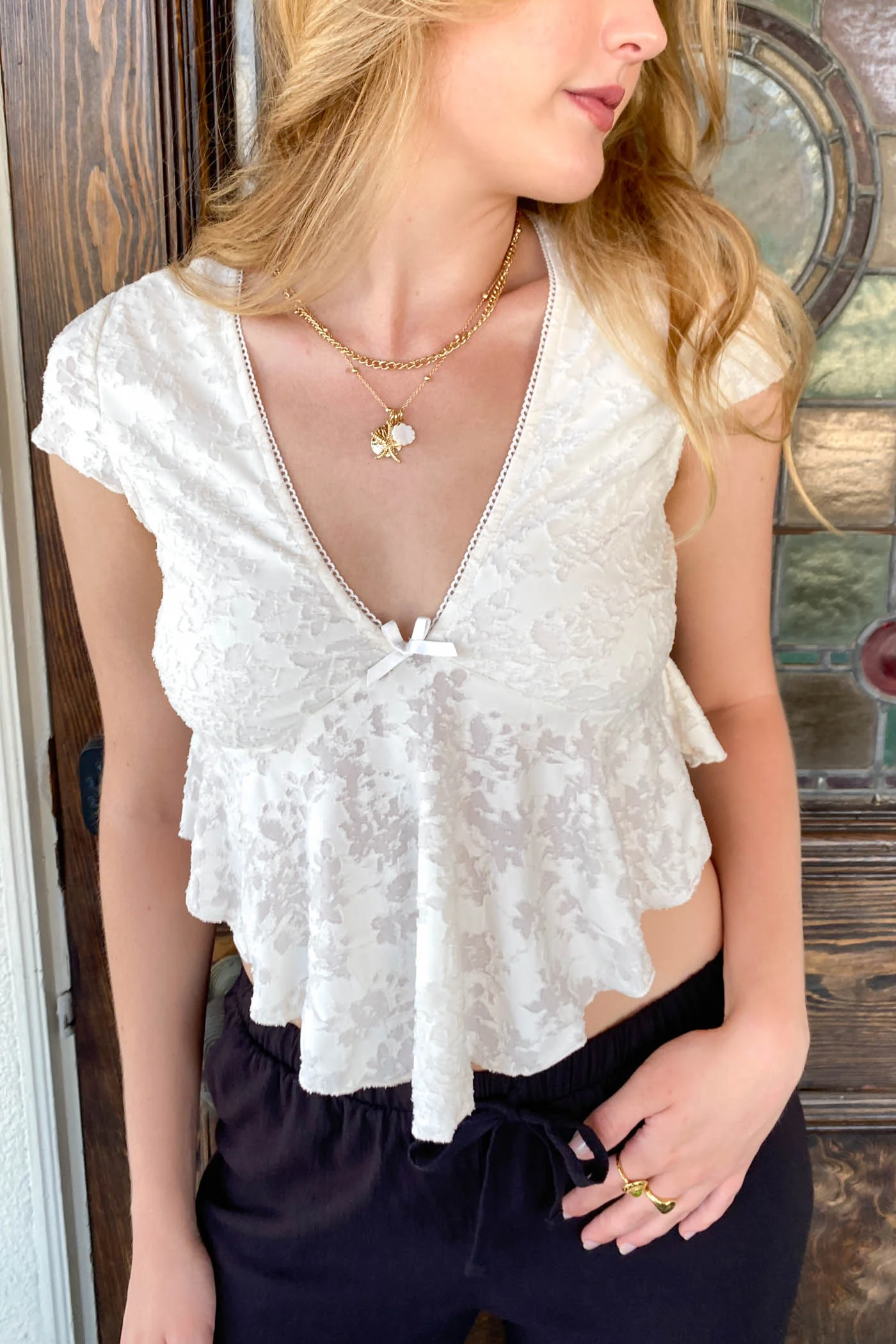 Textured Floral Cap Sleeve Top