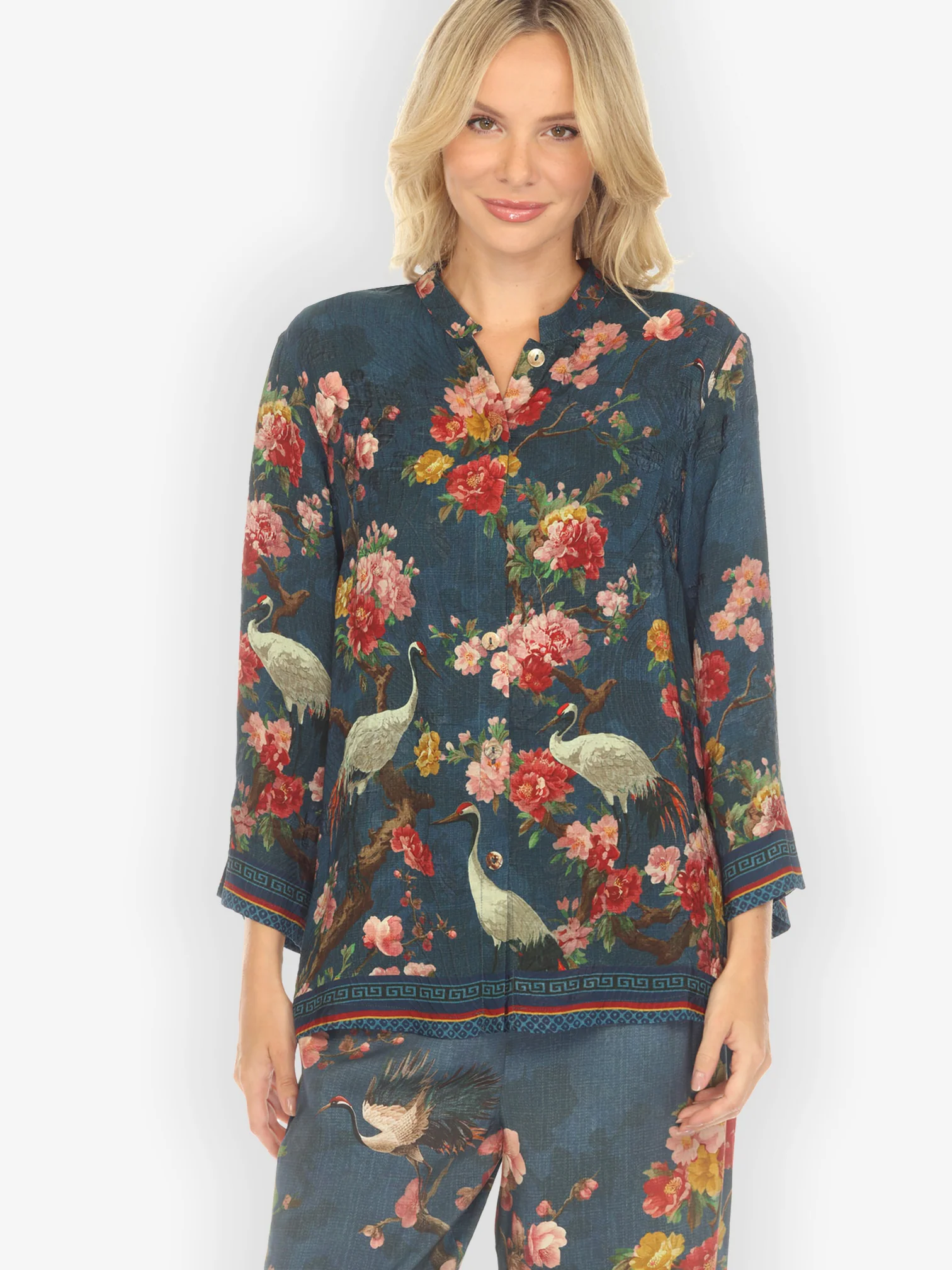 Crane and Cherry Bloom Silk Blouse