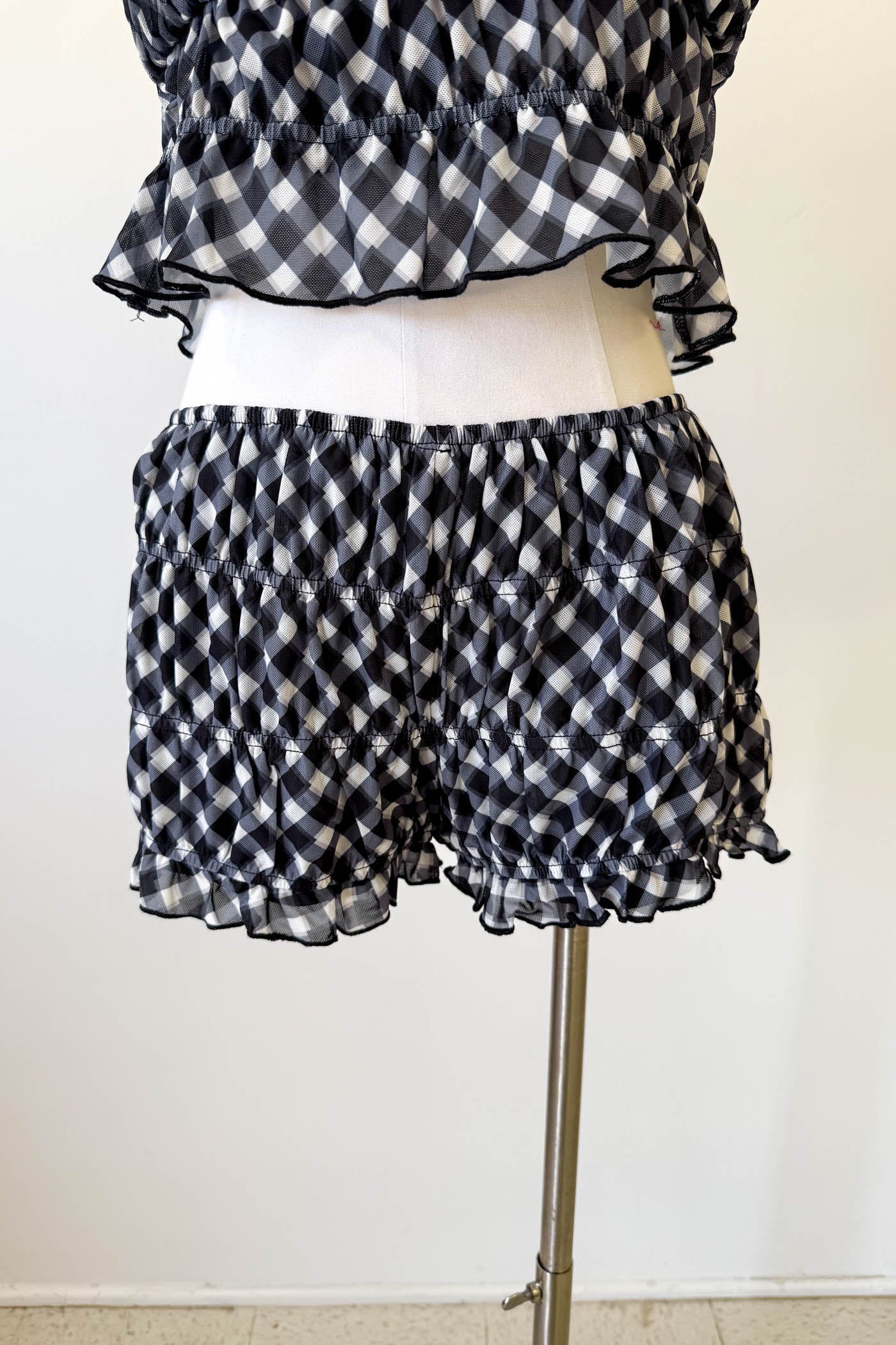 Mesh Checkered Ruffle Shorts