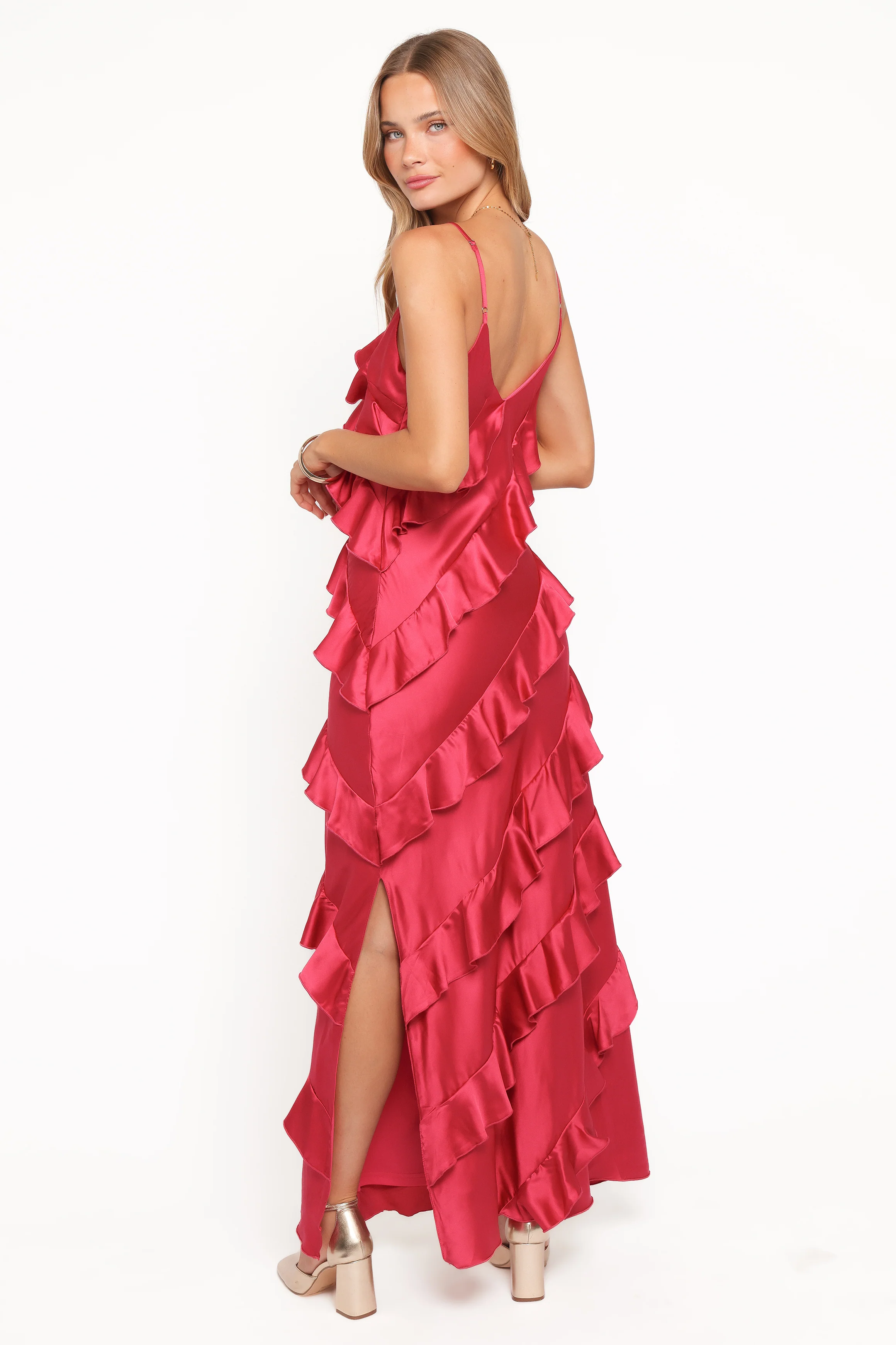 Ciao Ruffles Maxi Satin Dress - Fuchsia