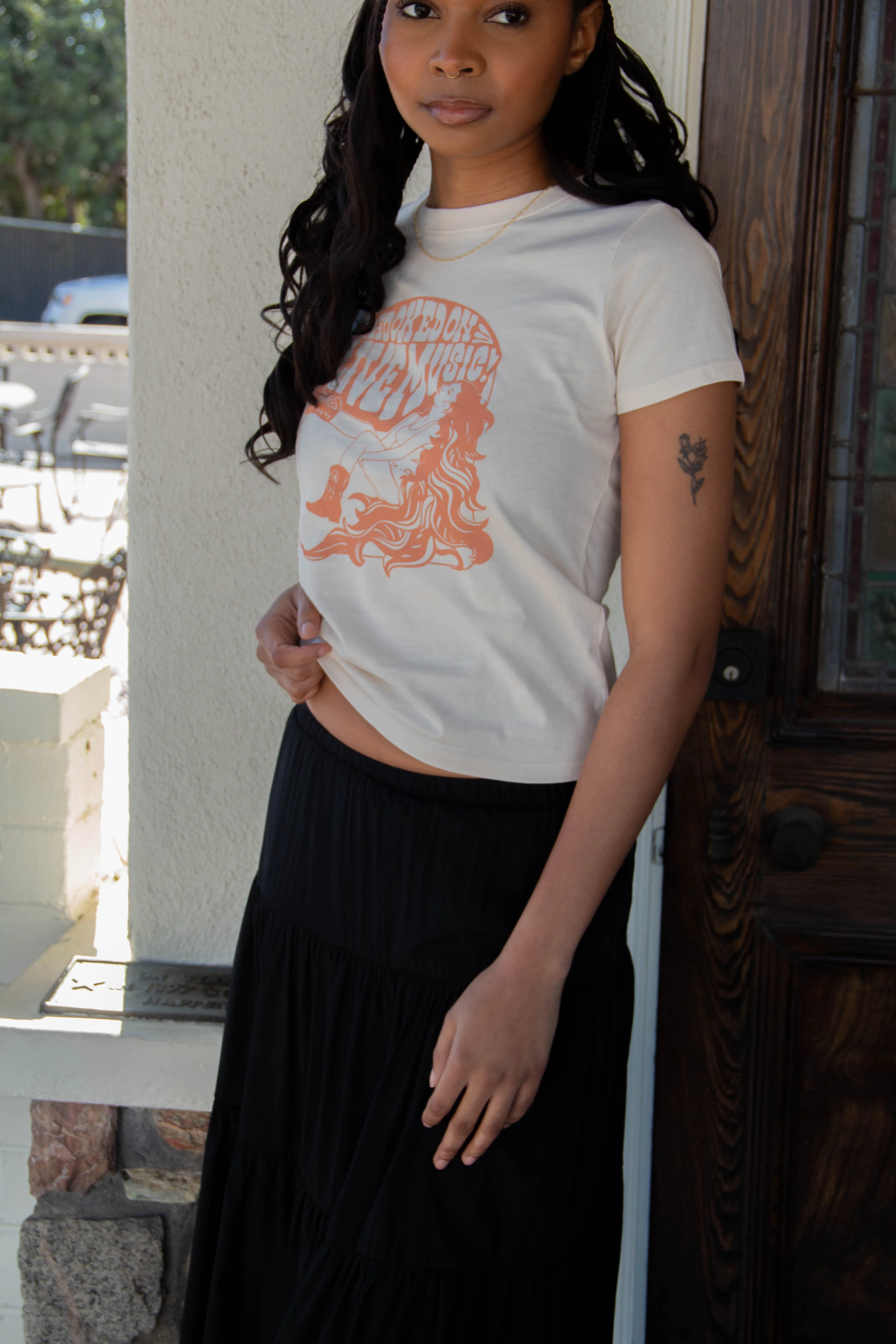 Hooked On Live Music Long Loose Graphic Baby Tee