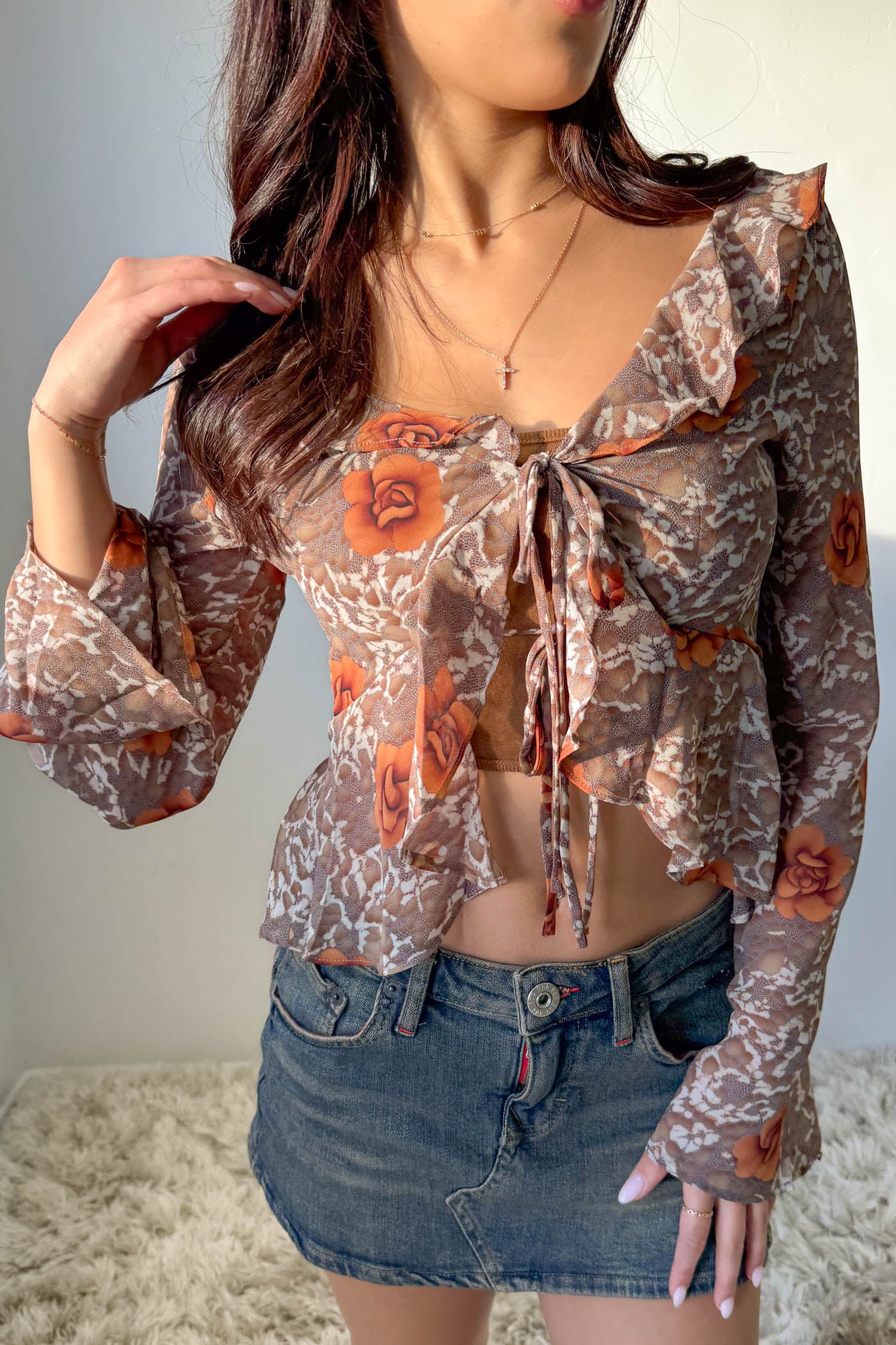 Sheer Ruffled Front Tie Top