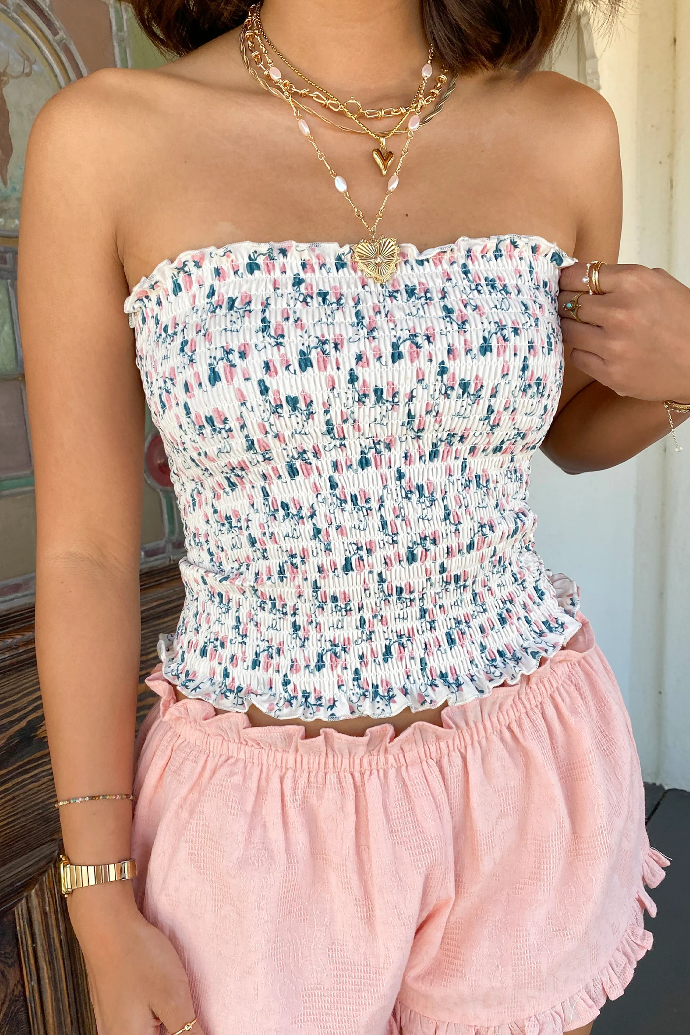 Floral Smocked Strapless Top