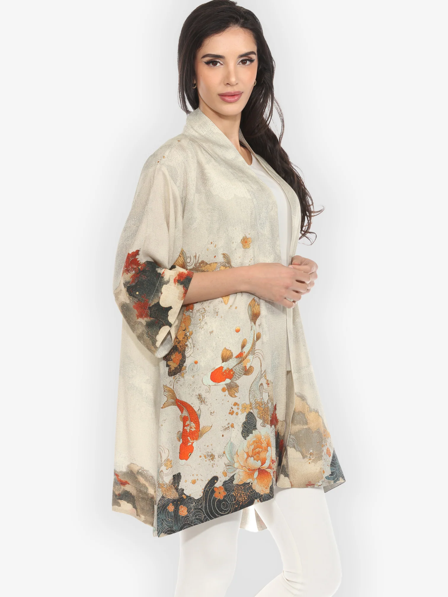 Noble Koi Fish in Cream Silk Kimono Jacket